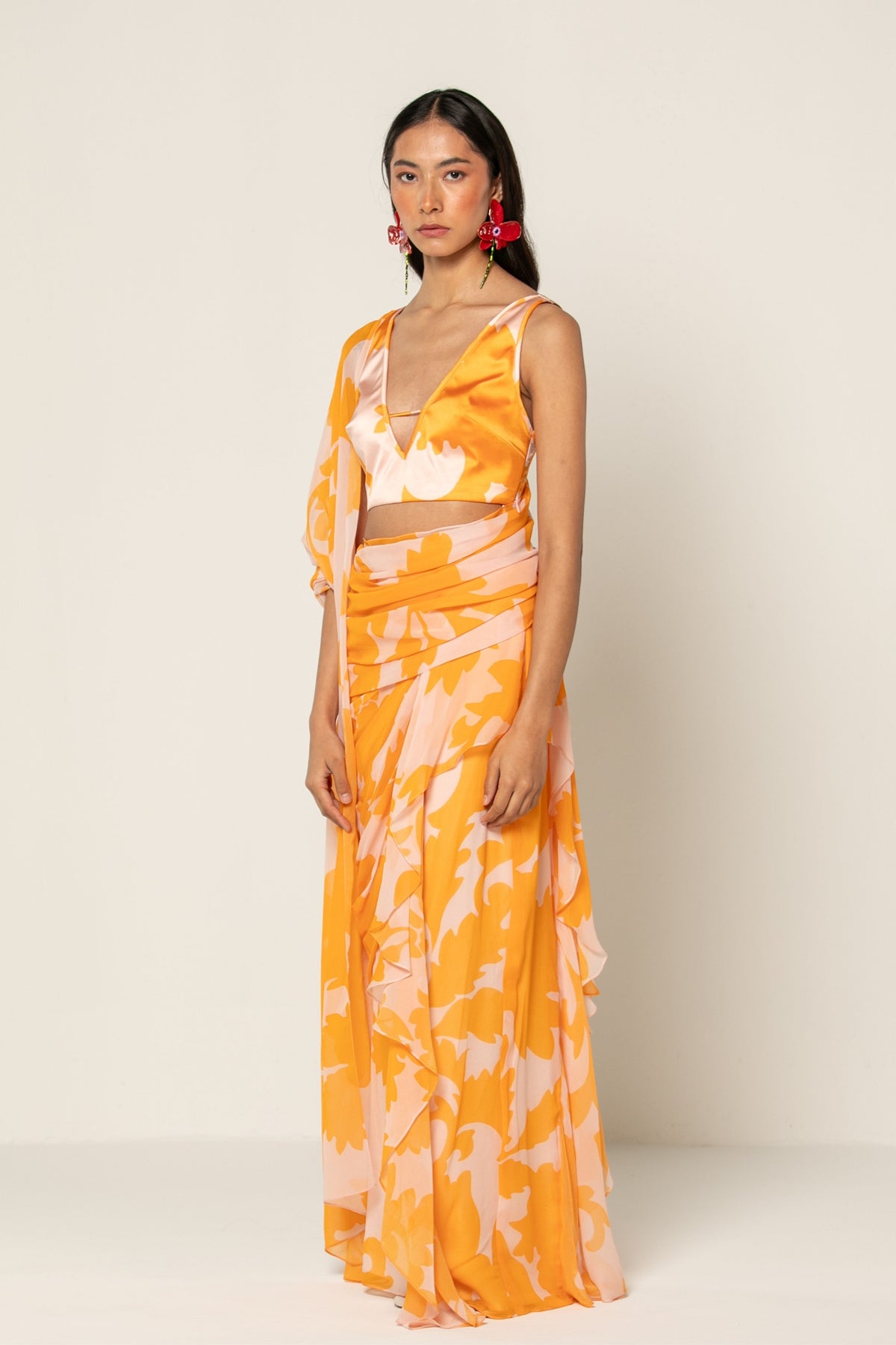Orange Pre Draped Saree Set