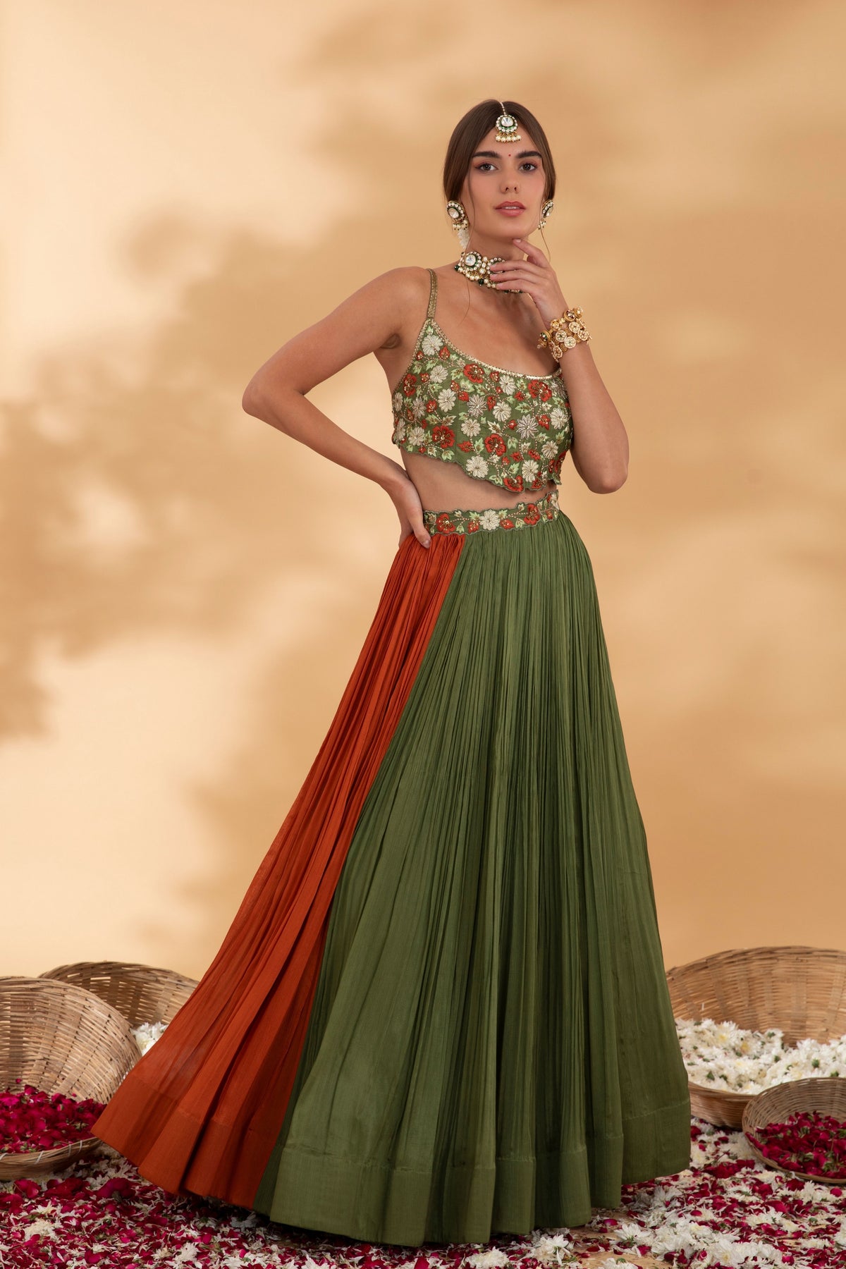 Juniper Green and Rust Lehennga Set