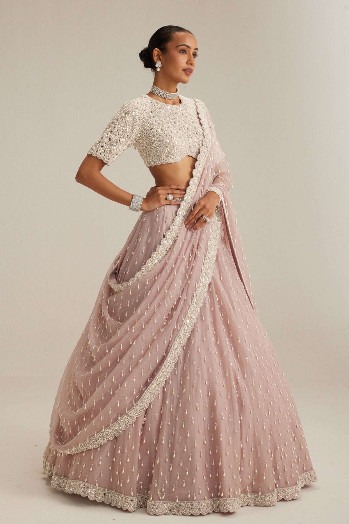 Ash Pink OAS Pearl Drop Lehenga