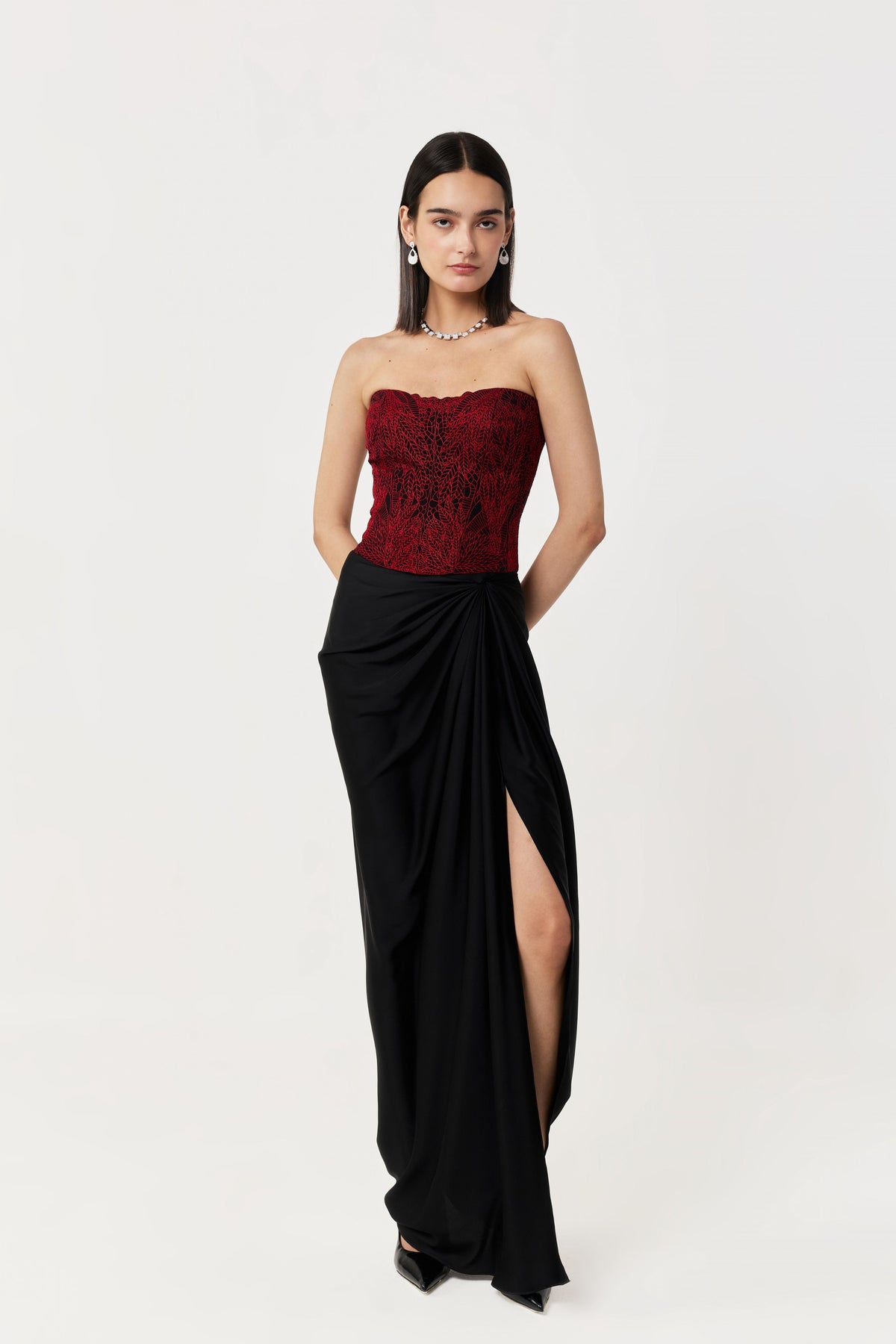 Moss Forest Black Red Embroidered Corset