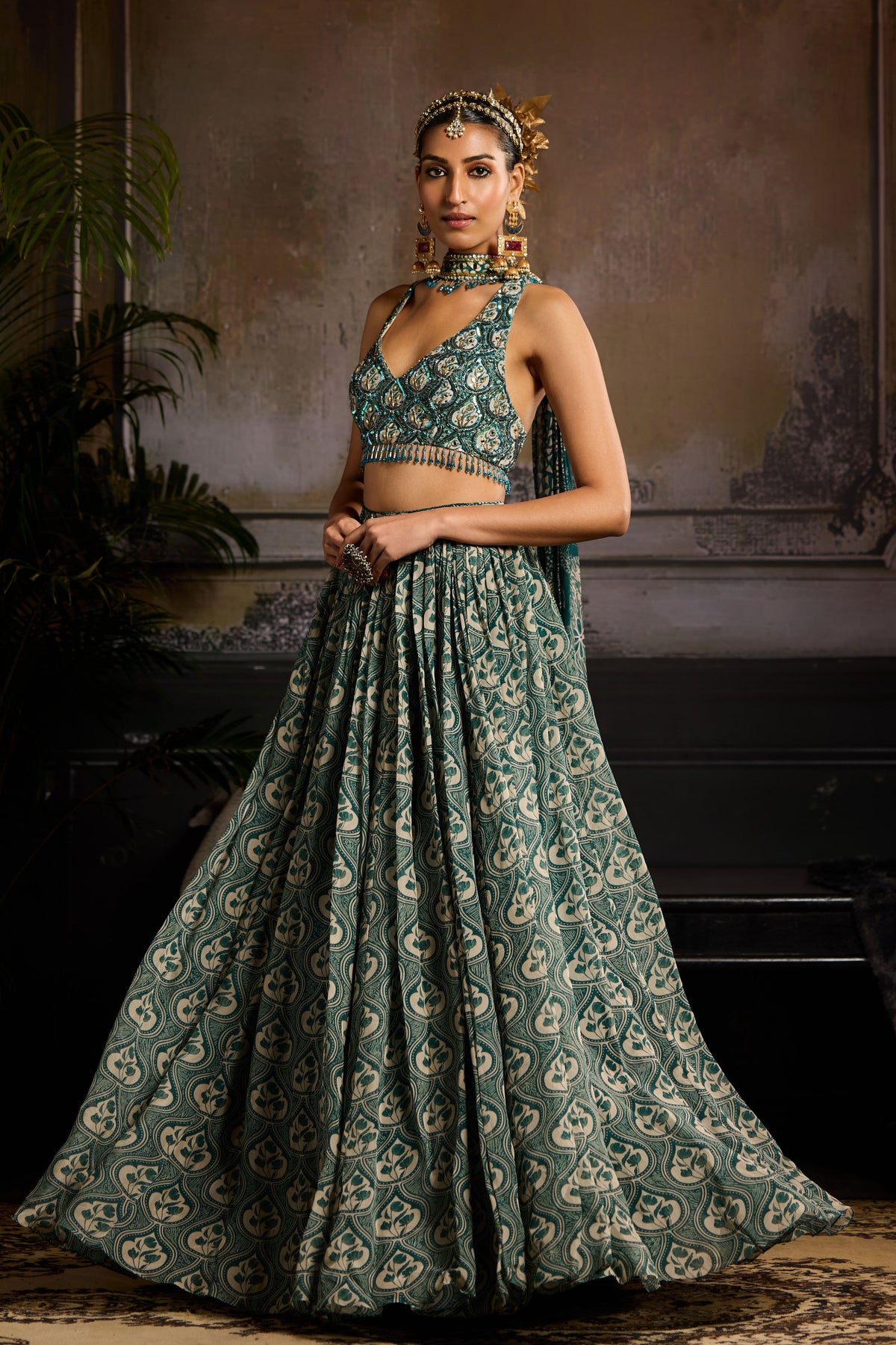 Teal Printed Lehenga Set