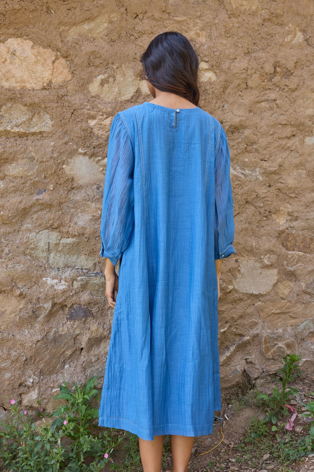 Blue Embroidered Yoke Chanderi Dress