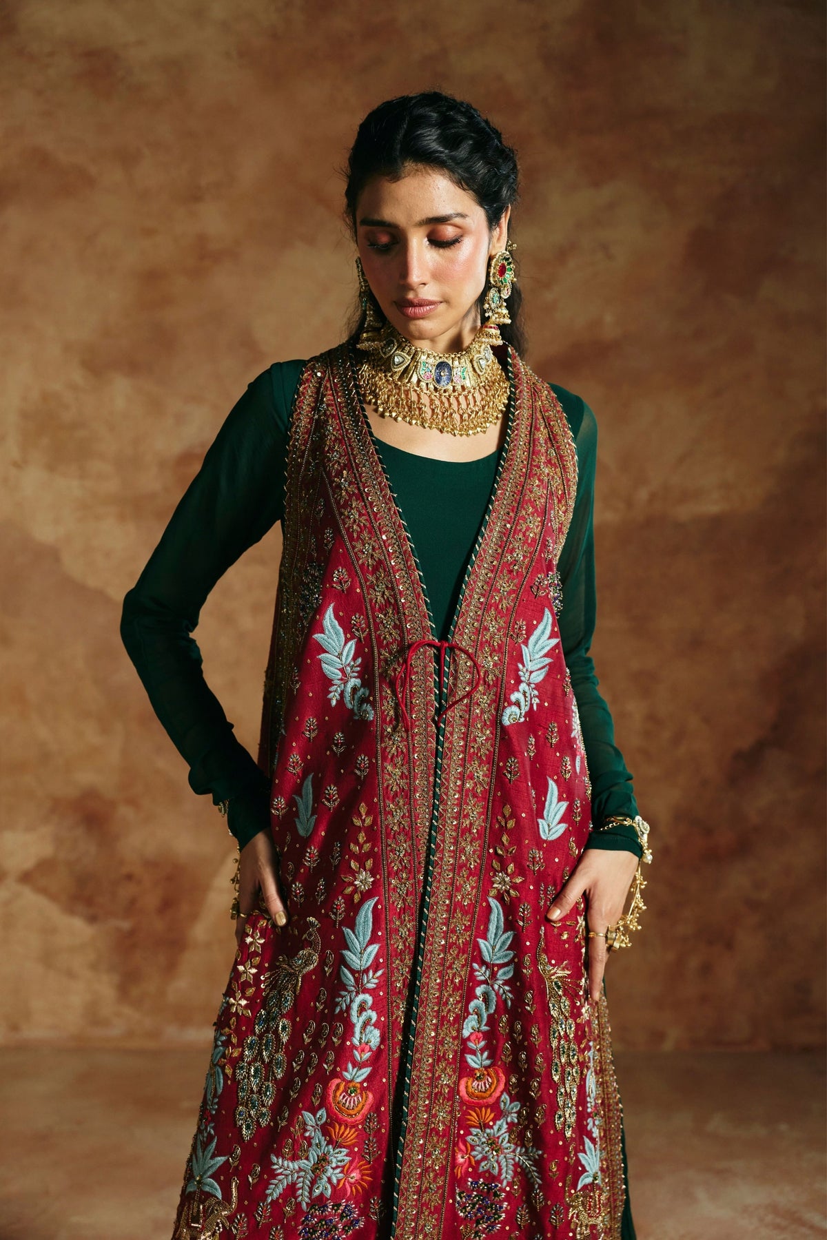 Red Sindh Zardozi Jacket Set