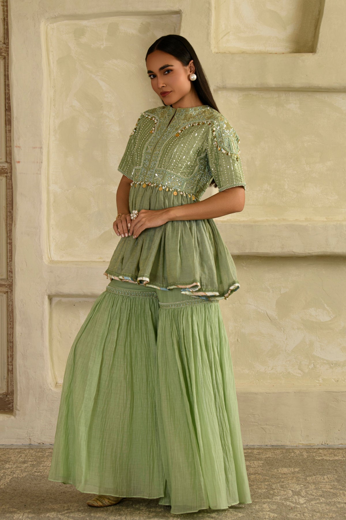 Dhun Pista Green Peplum Set