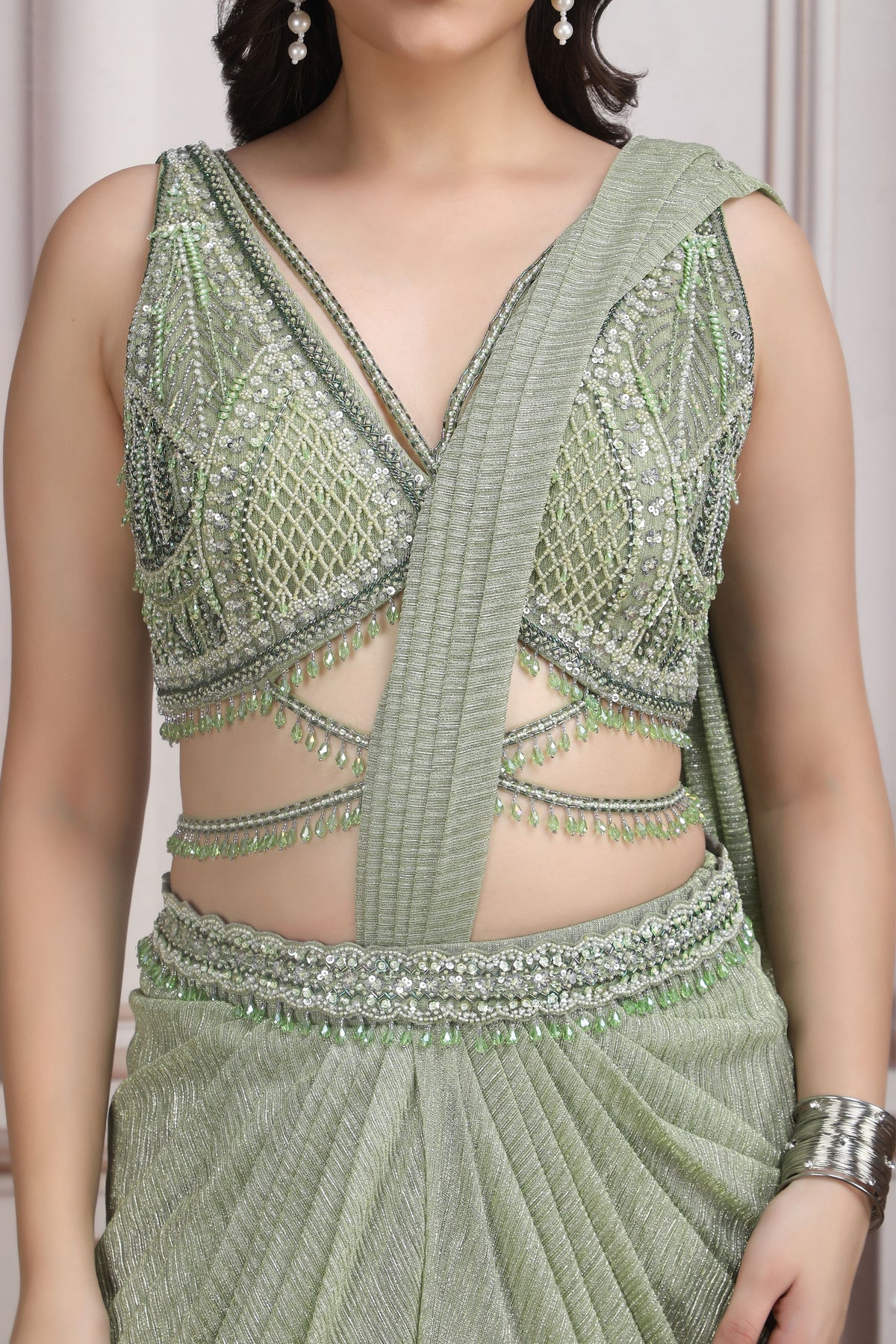 Green Pre-Draped Saree