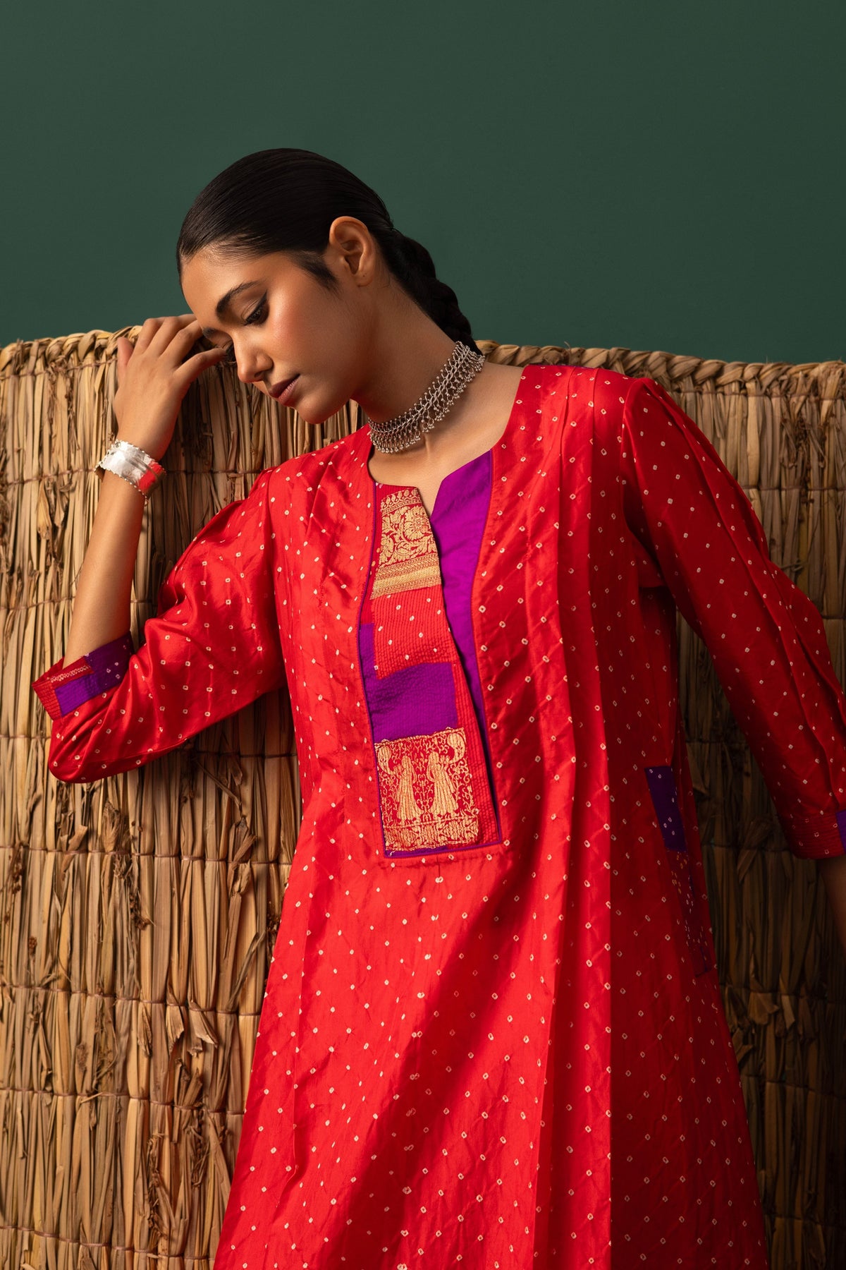 Red Patchwork Bandhani Kurta Set