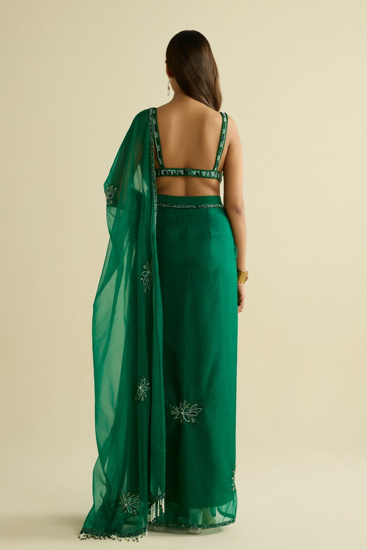 Green Organza Pre-draped Saree