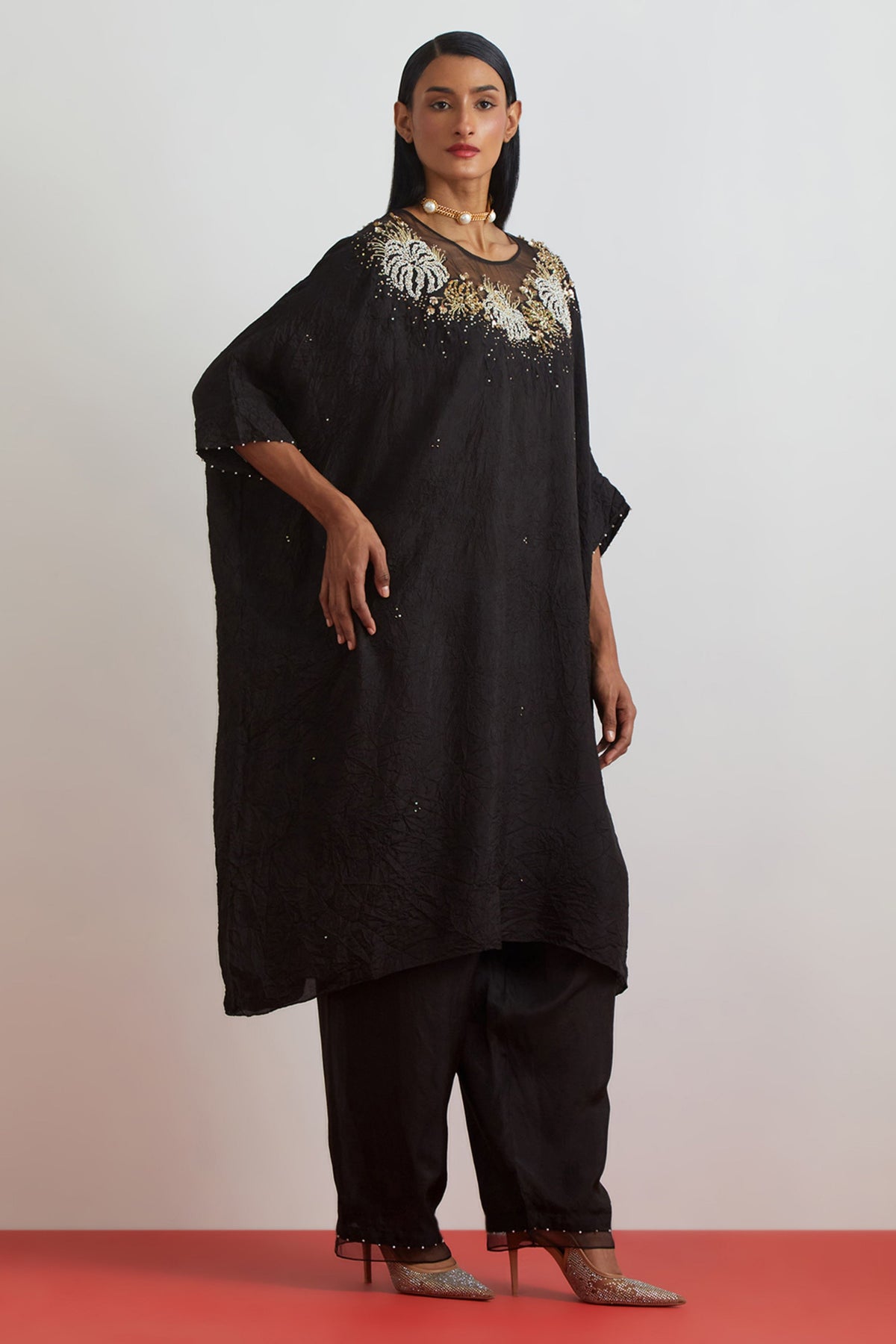Black Floral Crystal Kaftan Set
