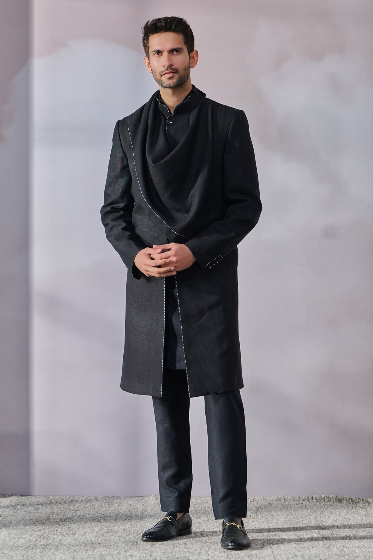 Black Draped Sherwani Set