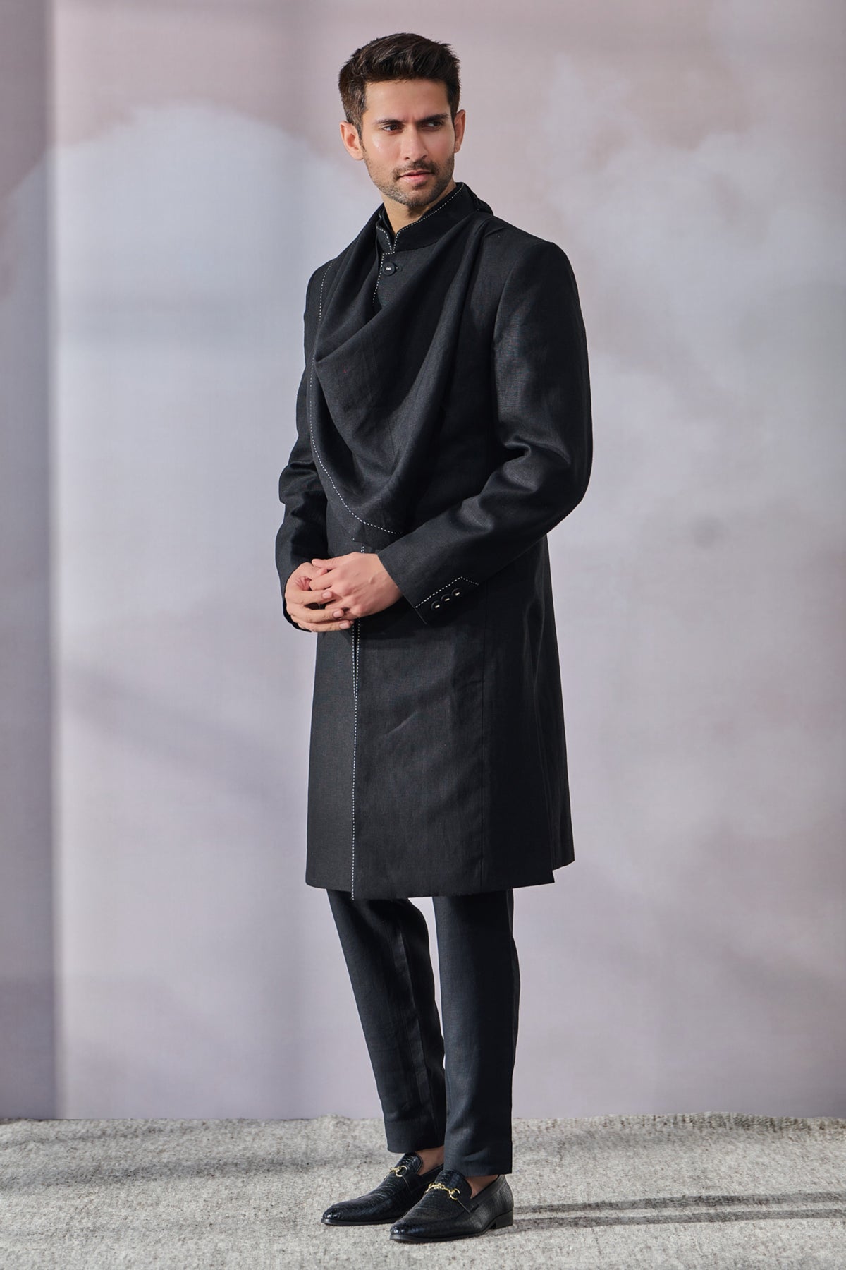 Black Draped Sherwani Set