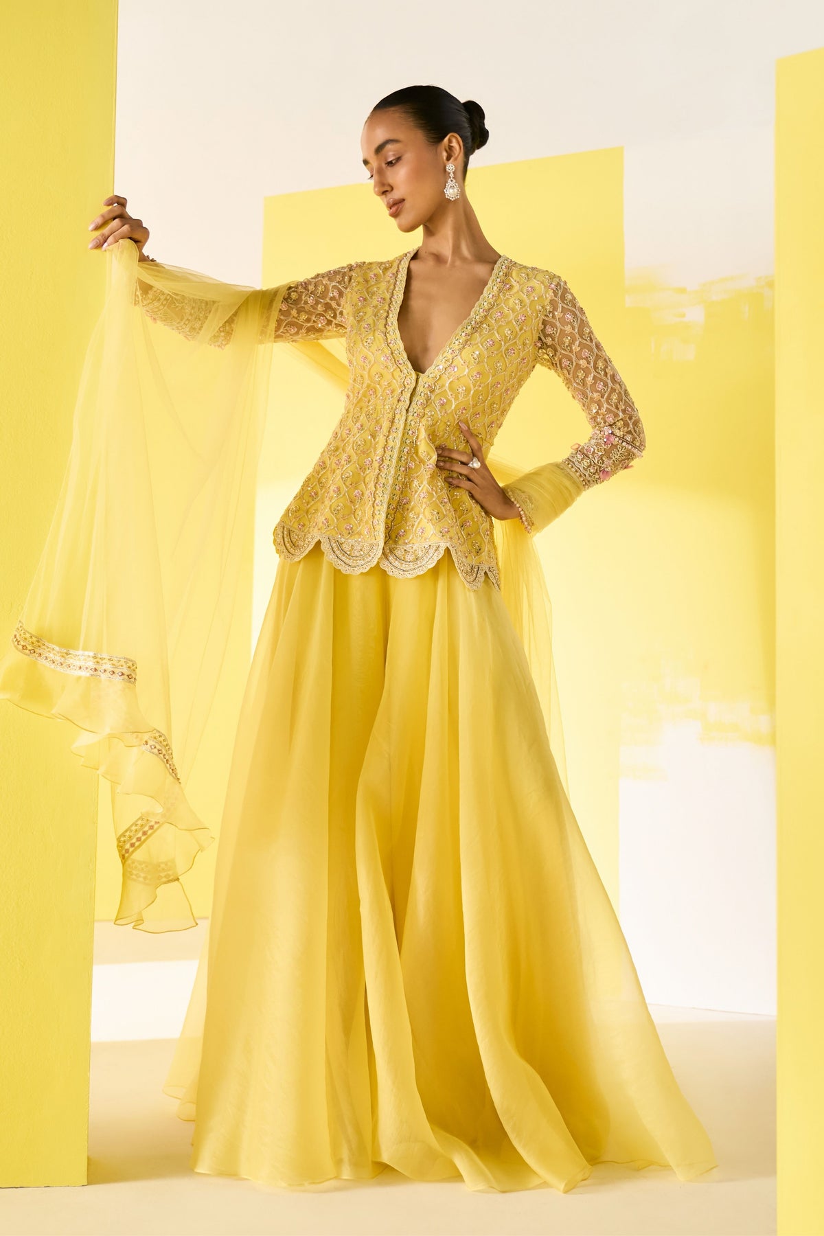 Aafeh Yellow Peplum Sharara Set