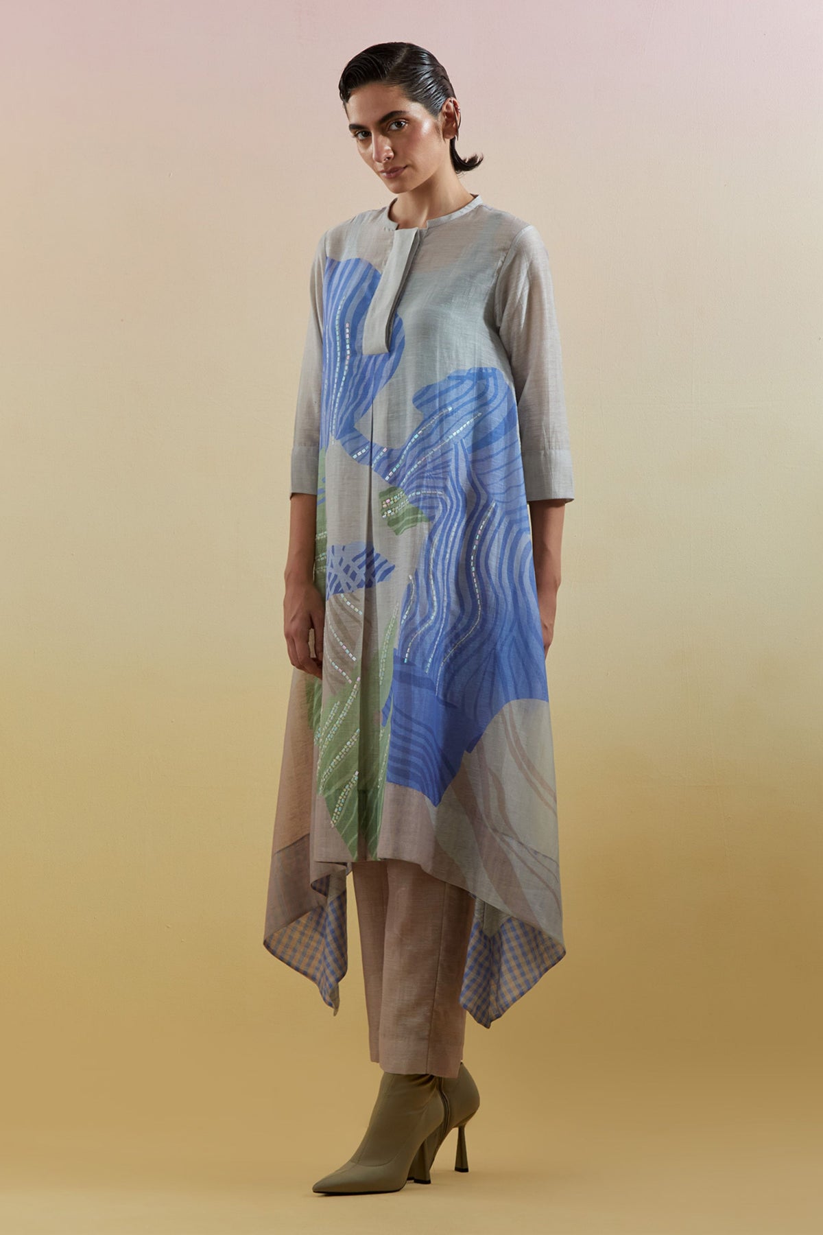 Zaron Beige & Blue Kurta Set