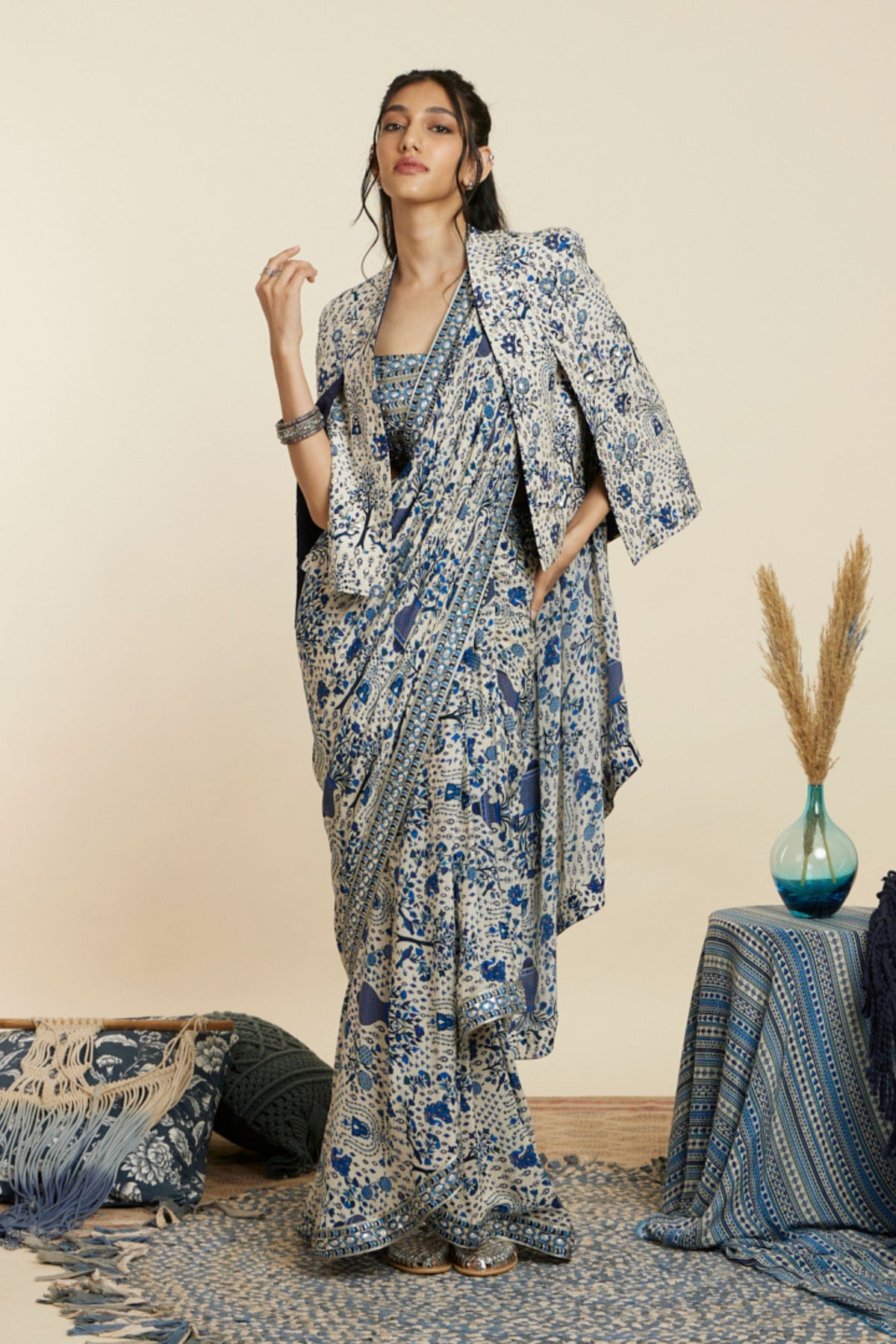 Blue Cascade Saree Set With Jacket