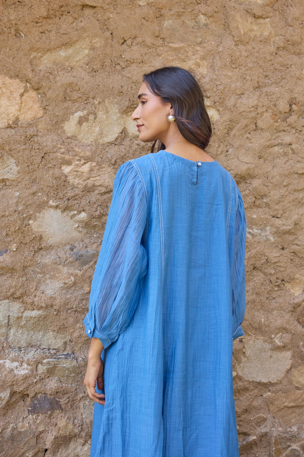 Blue Embroidered Yoke Chanderi Dress