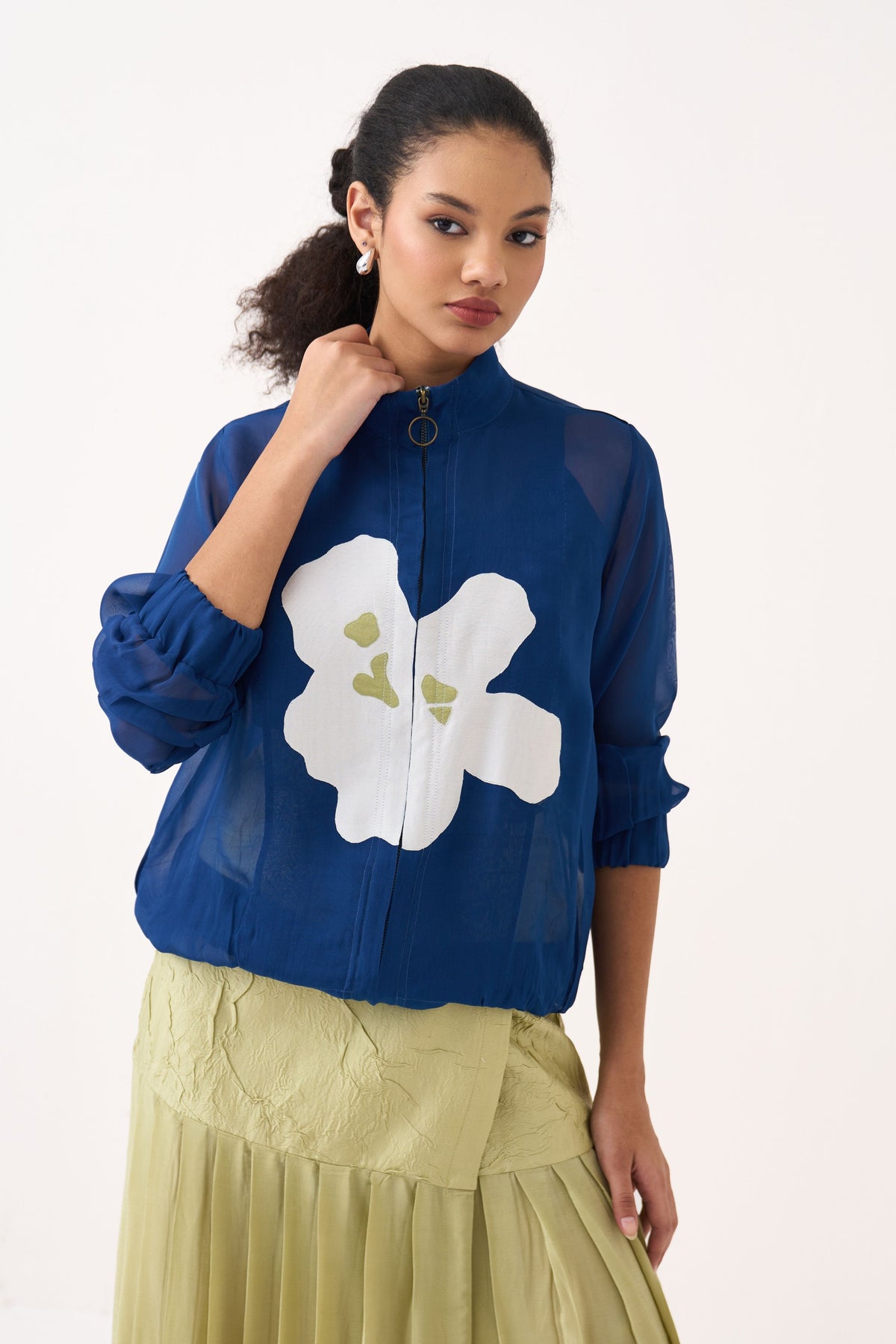 High Neck Floral Apllique Bomber Jacket
