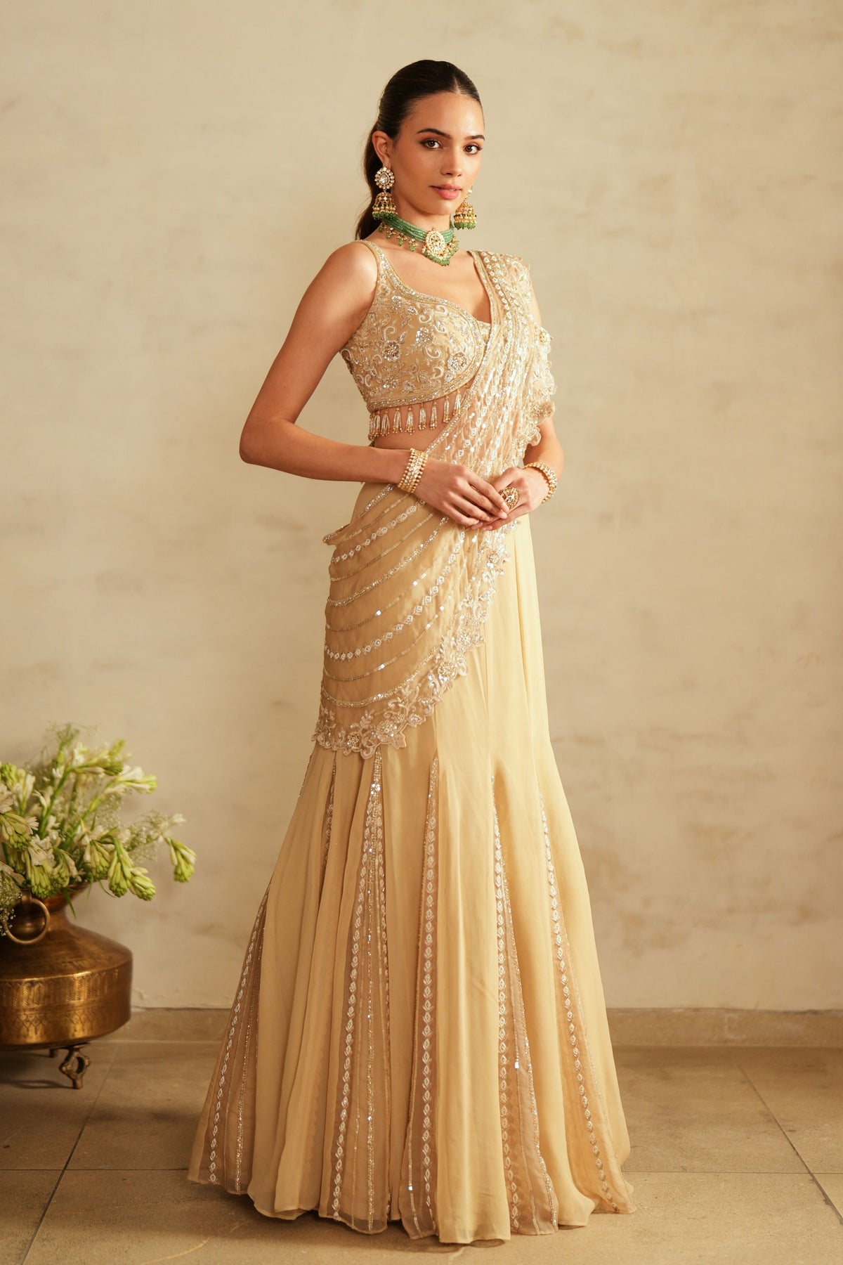 Beige Gold Lehenga Saree Set