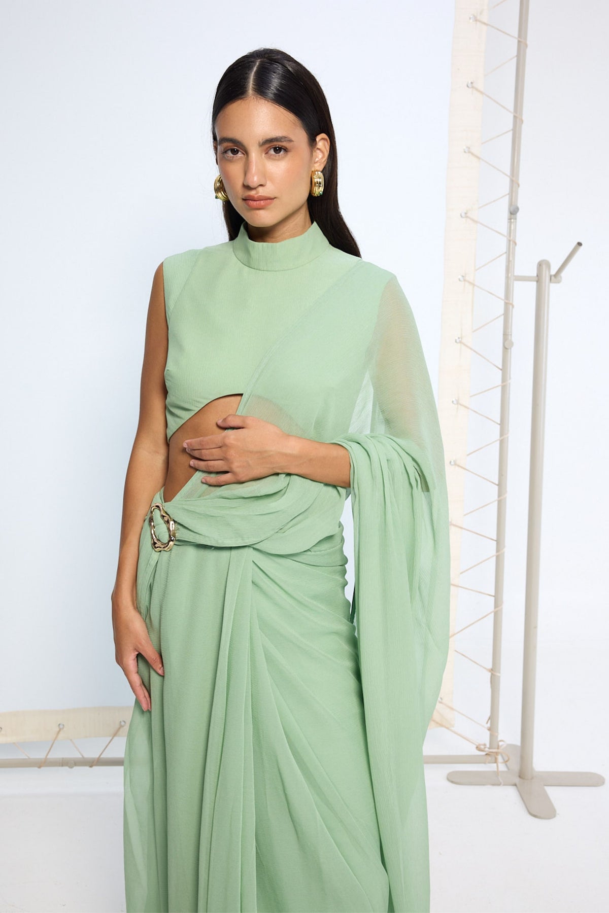 Pale Green Brooch Saree