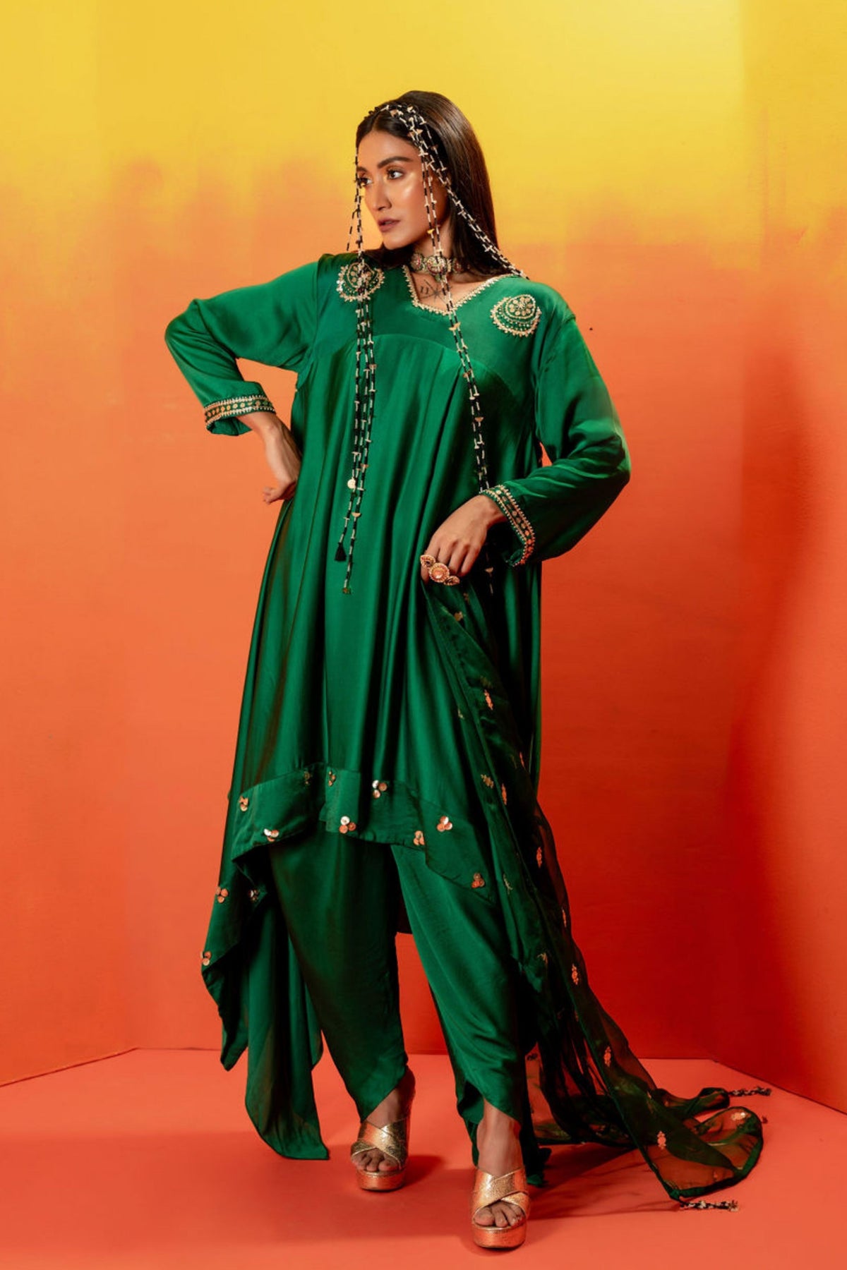 Vani Green Asymmetric Tunic Set