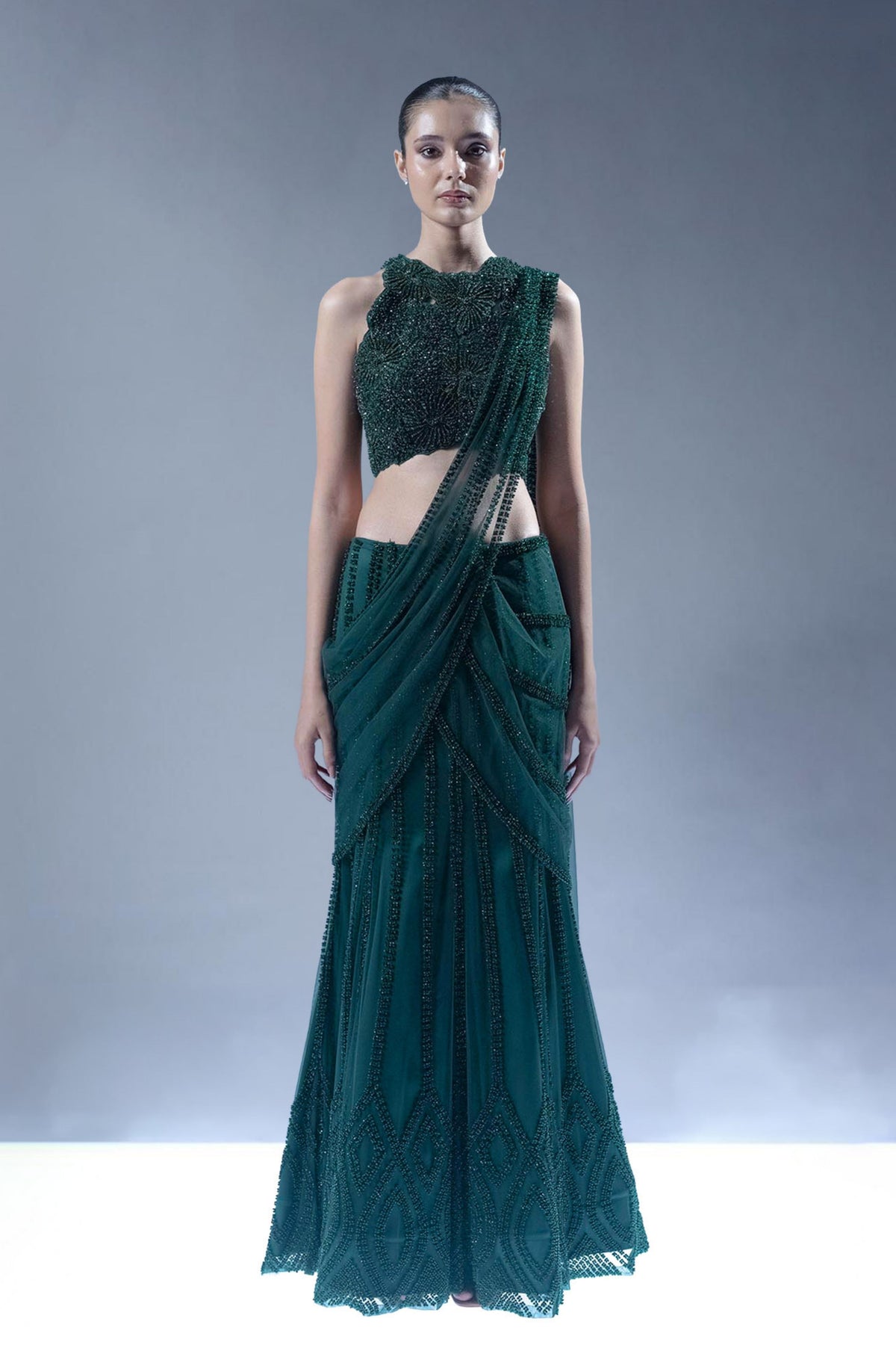 Embellished Pre-Draped Saree Set