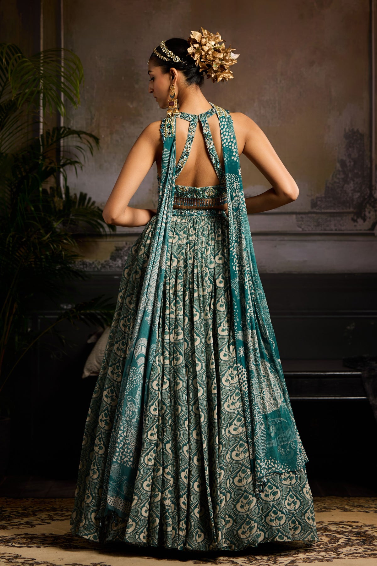 Teal Printed Lehenga Set