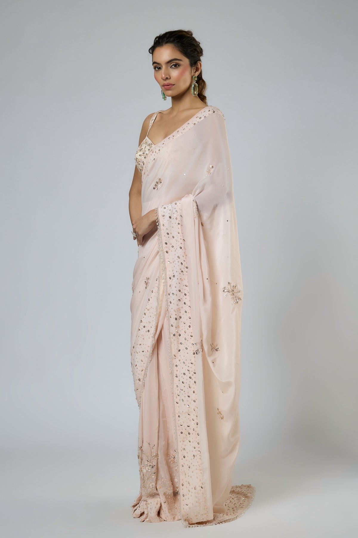 Light Peach Draped Saree Set