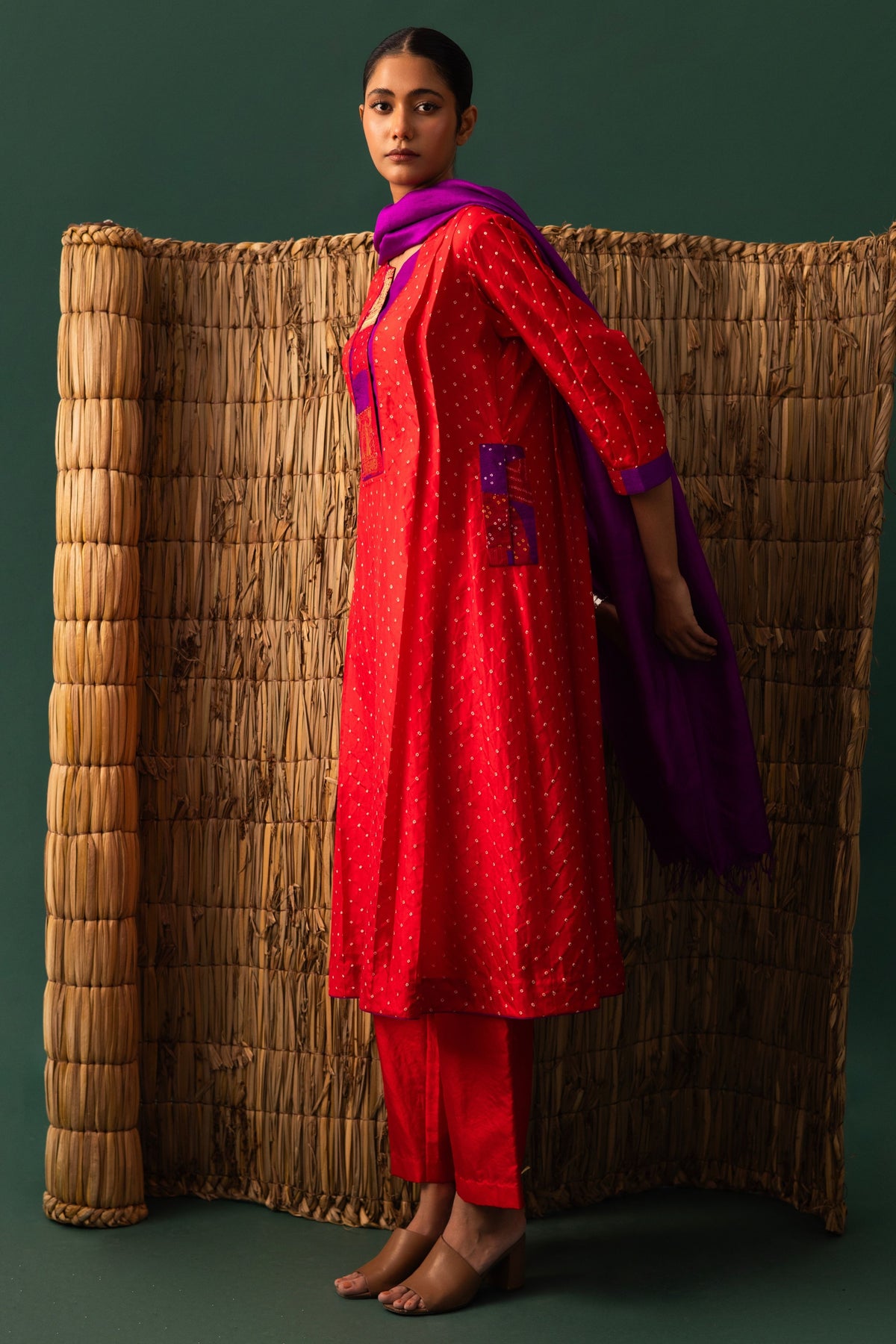 Red Patchwork Bandhani Kurta Set