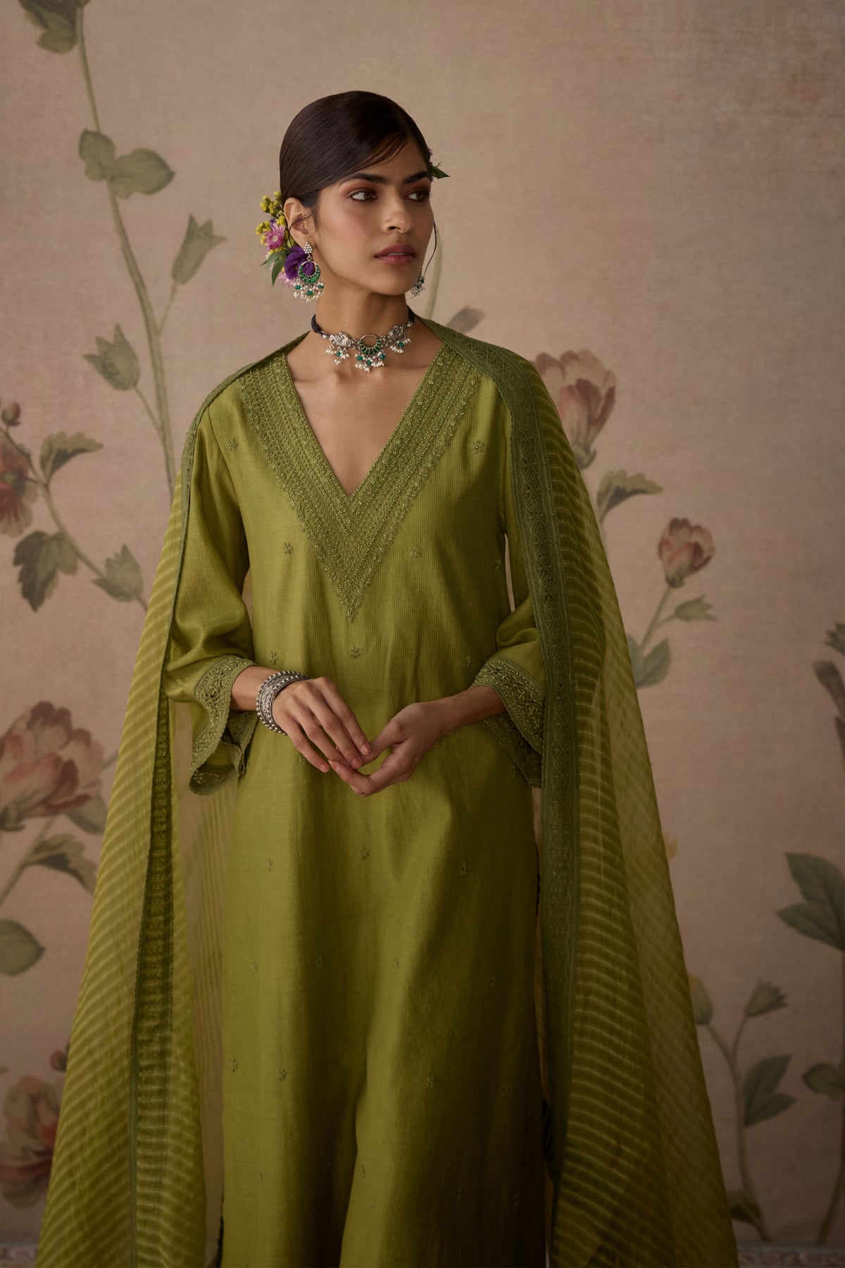 Green Self Embroidered Kurta Set