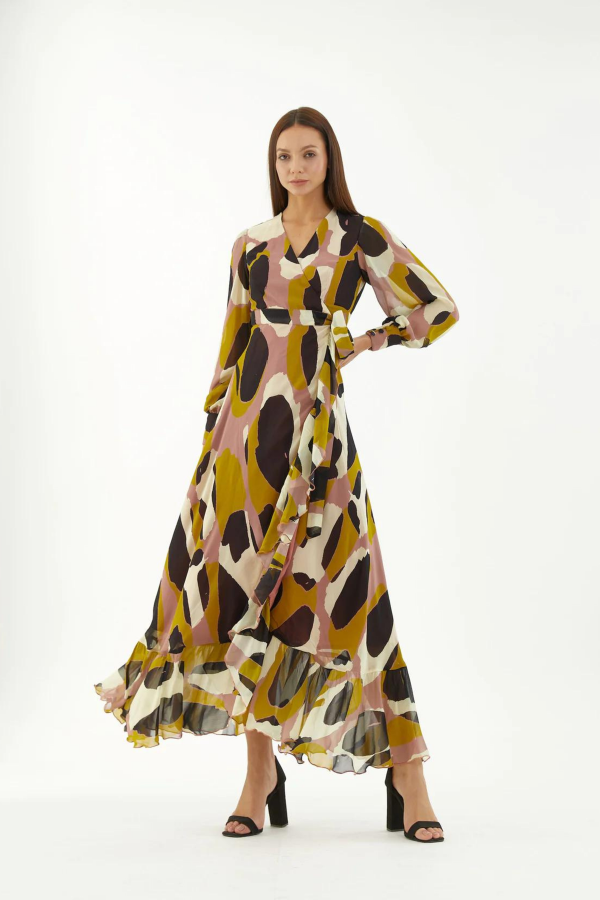Peach, White, Black And Mustard Wrap Dress