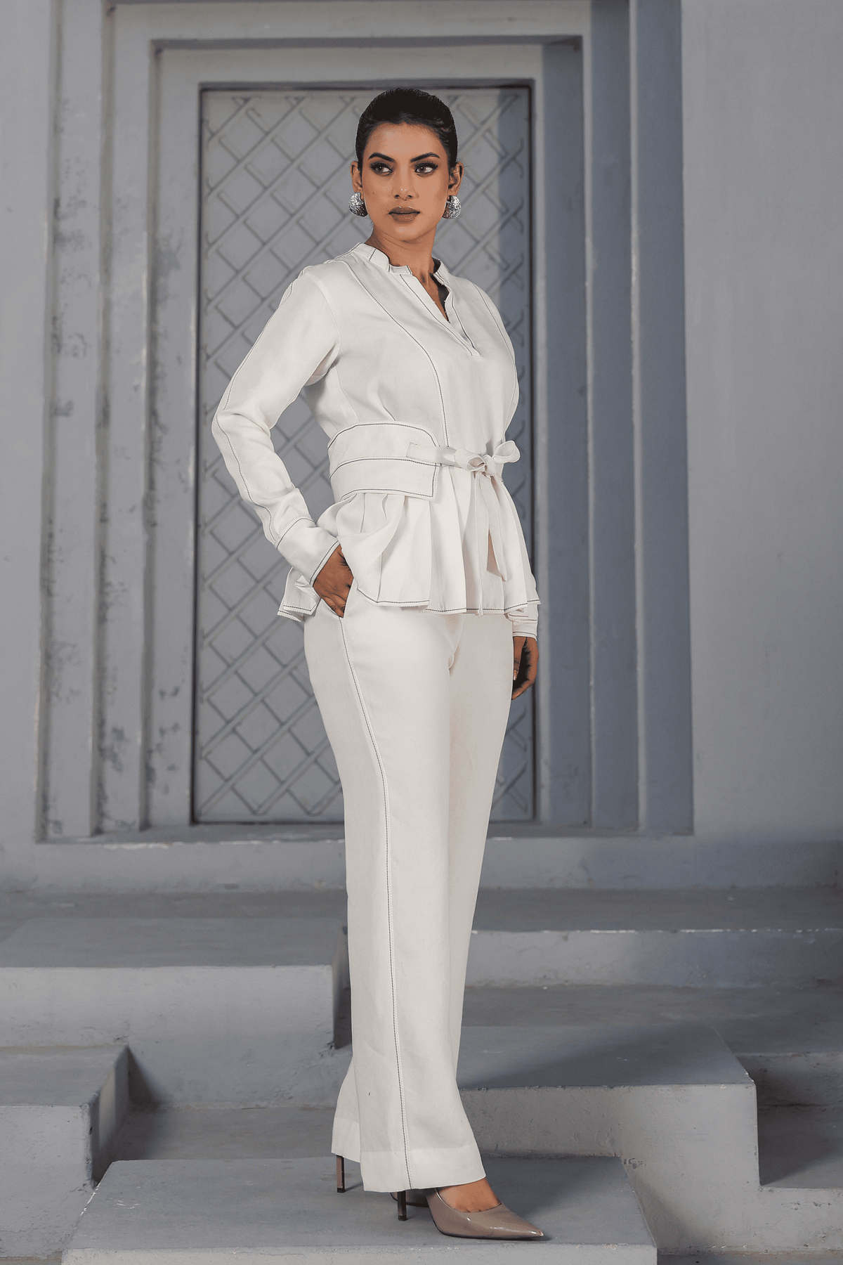 Azure Pleated Peplum Co-ord Set in White
