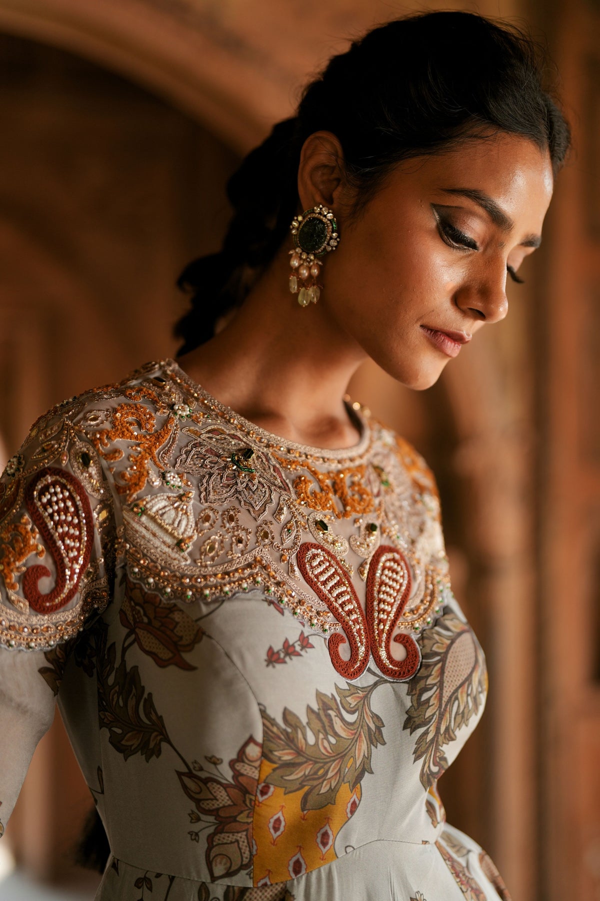 Grey Floral Embroidered Anarkali Set