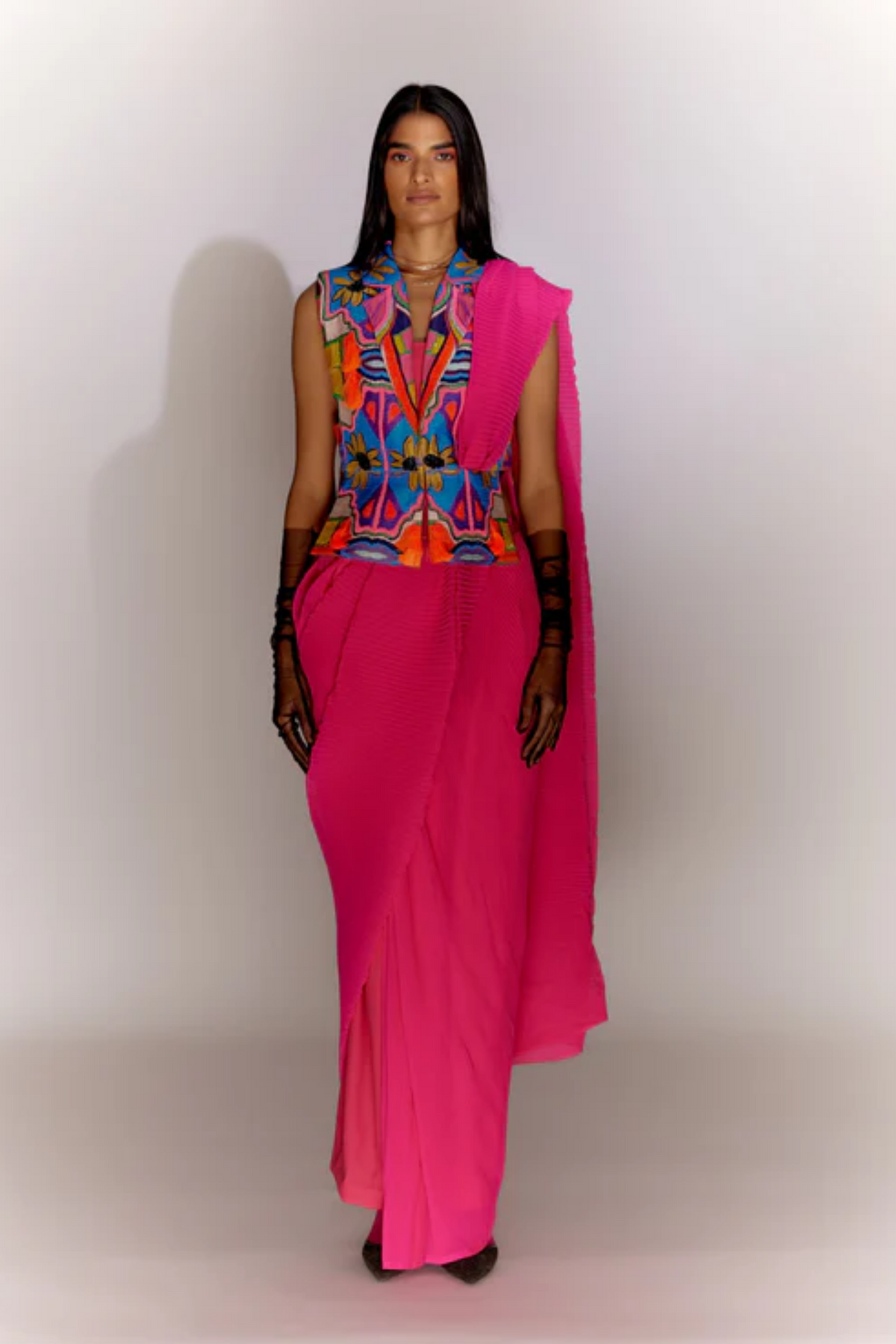 Fringe Jacket Printed With Saree Drape