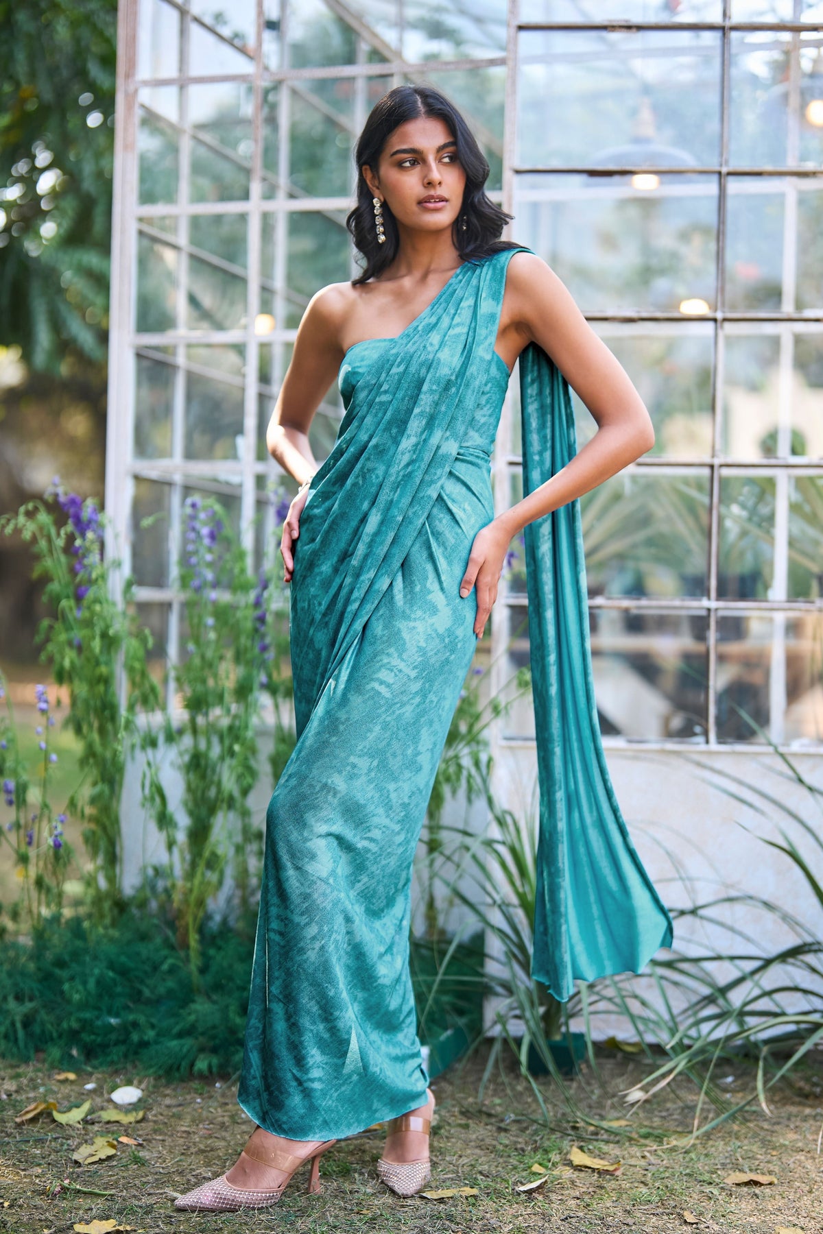 Aqua Blue Draped Sari Gown