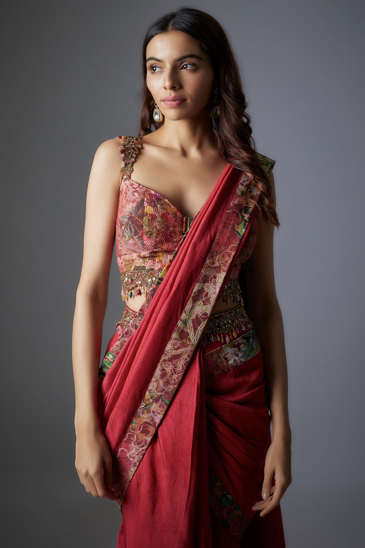 Maroon Botanical Printed Saree Set