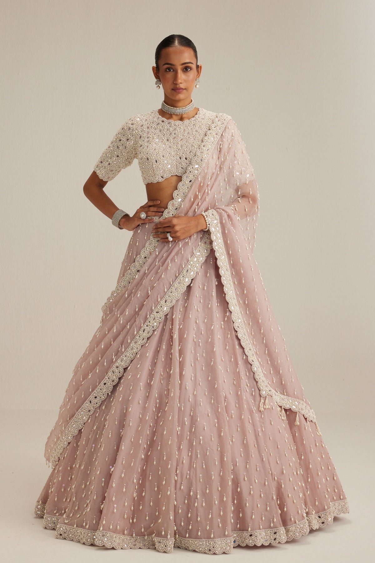 Ash Pink OAS Pearl Drop Lehenga