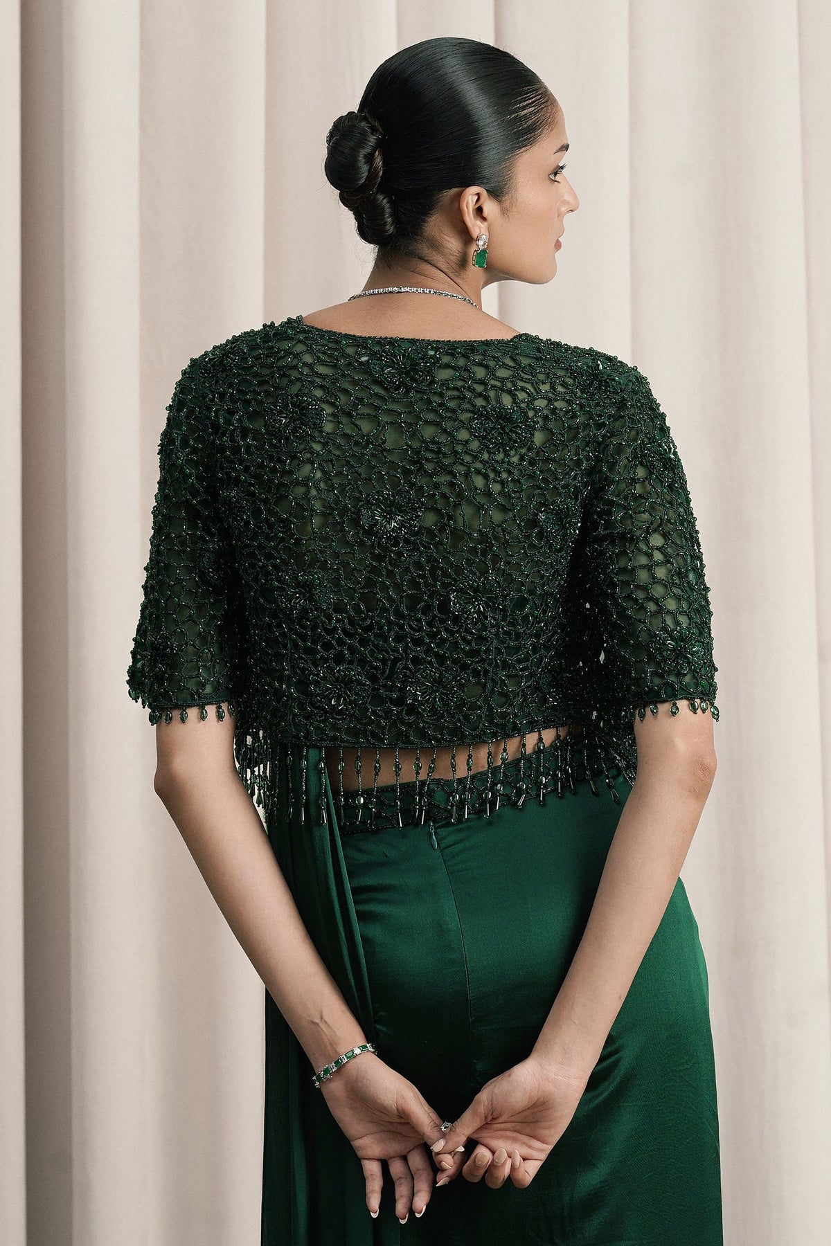 Emerald Green Floral Embellished Saree Set