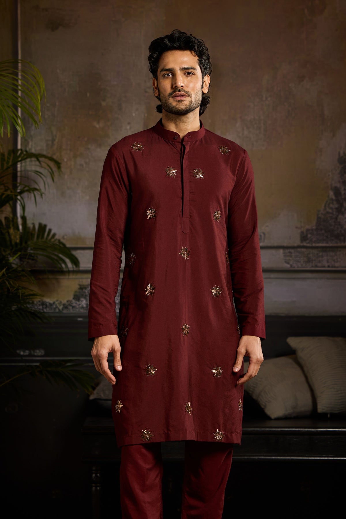 Maroon Metallic Embroidered Kurta Set
