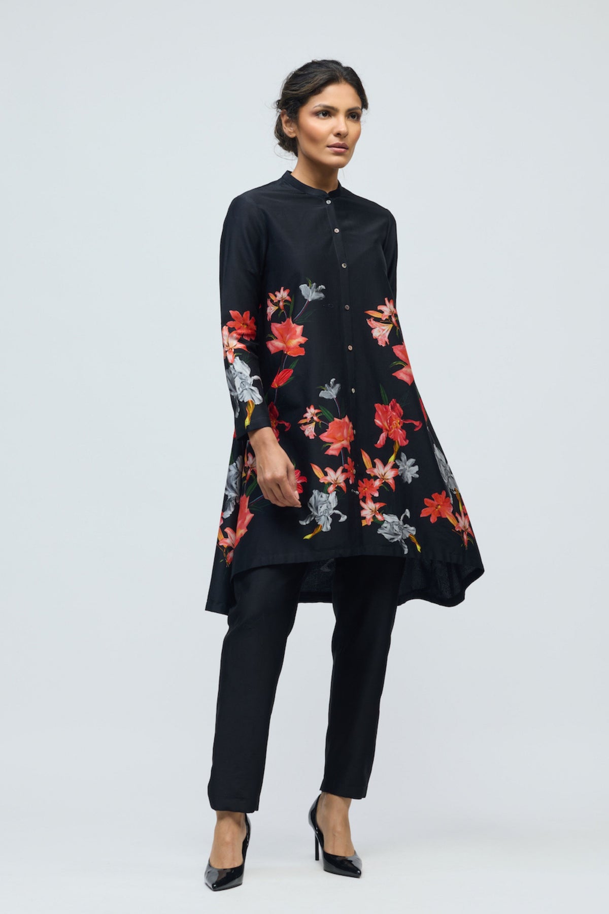 Floral Black Chanderi Tunic Set