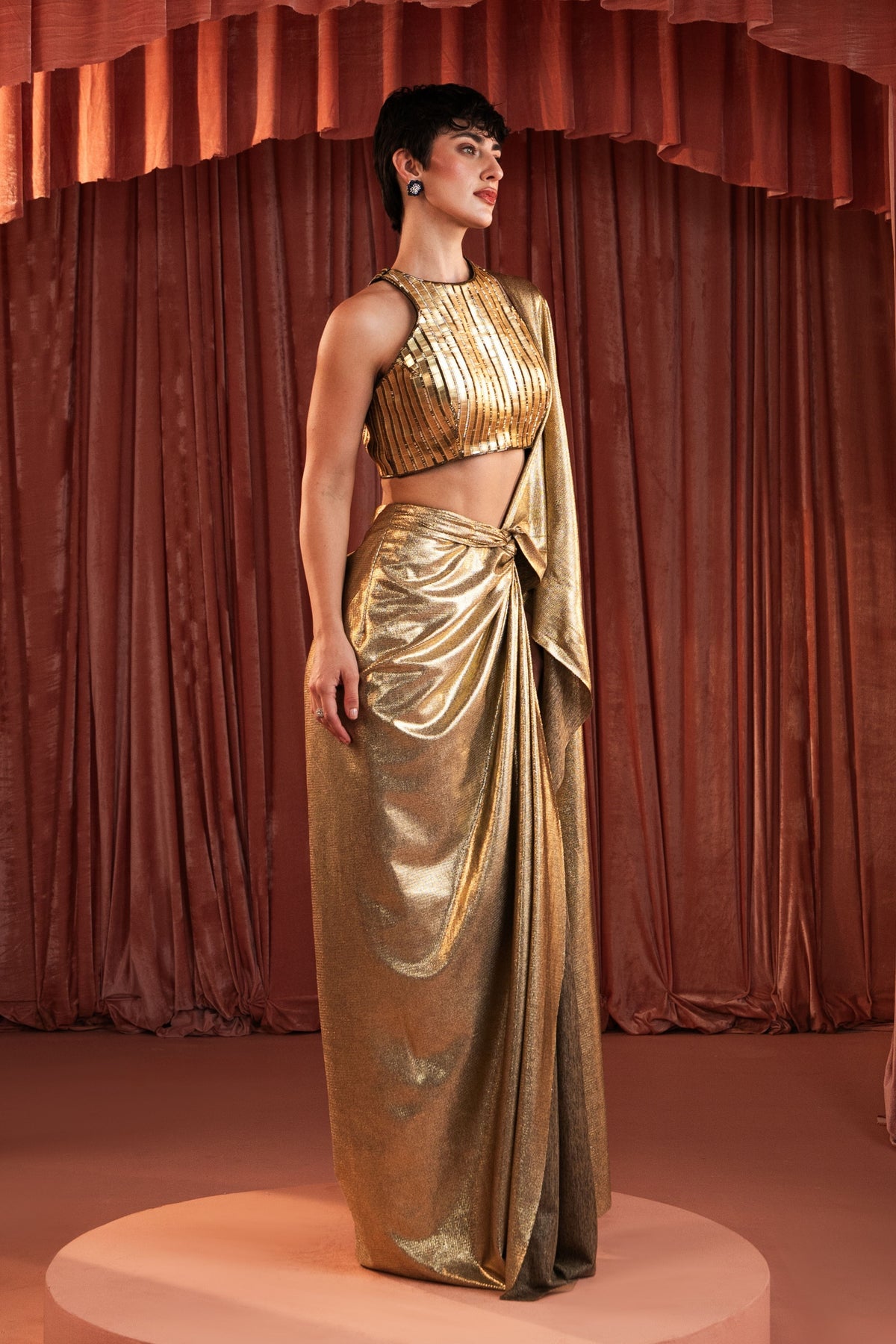 Gold Foil Draped Saree Set