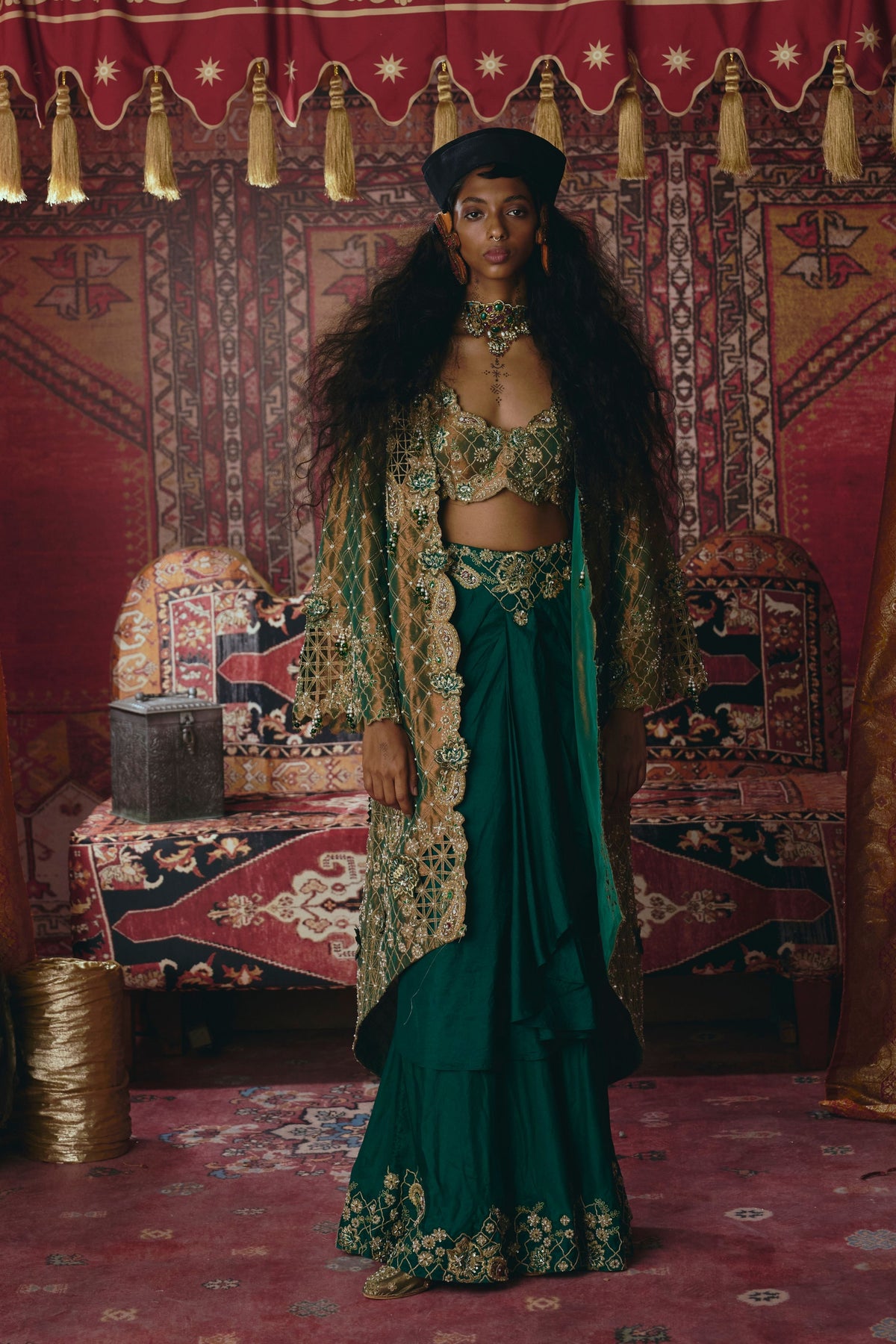 Emerald Green Draped Skirt Set