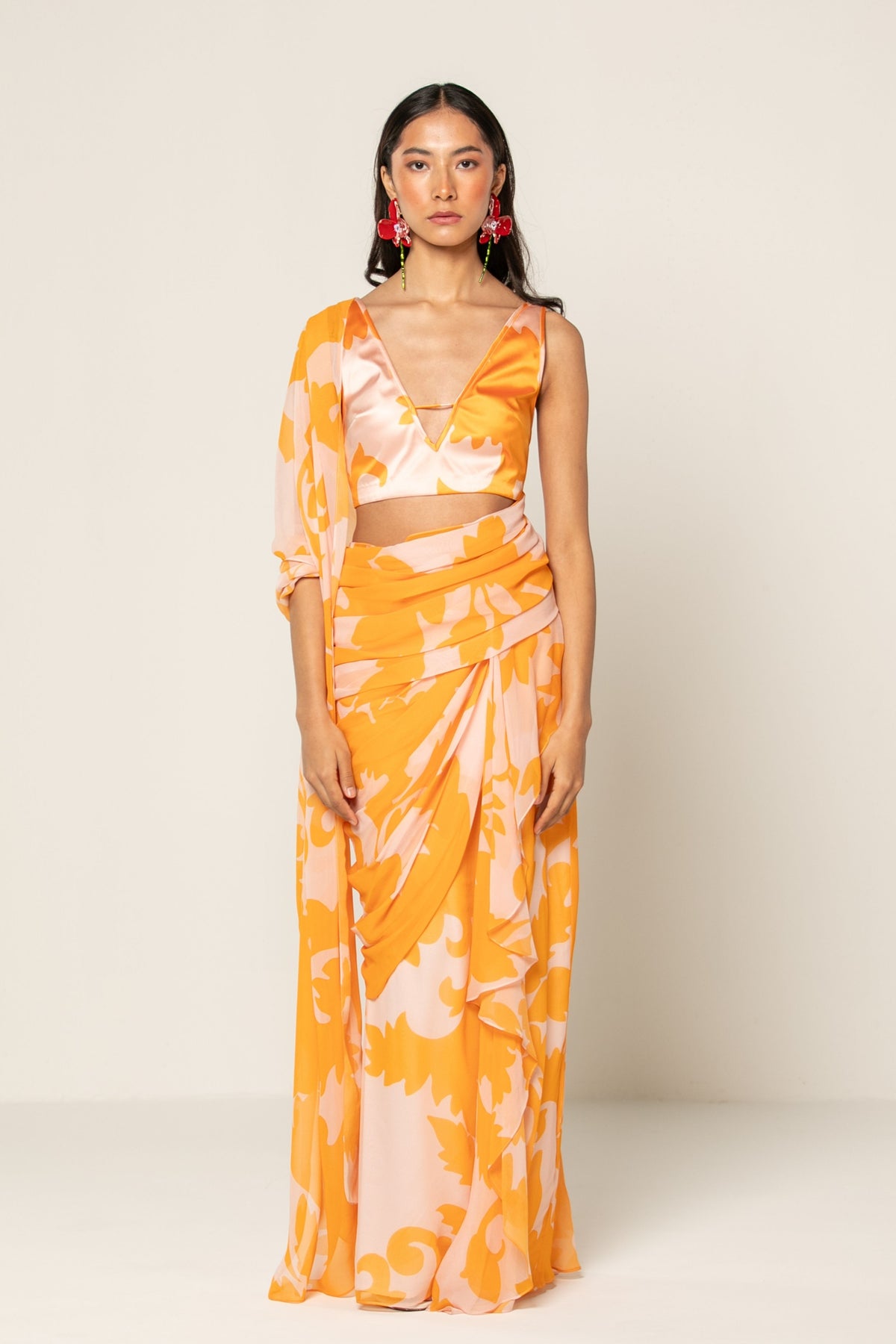 Orange Pre Draped Saree Set
