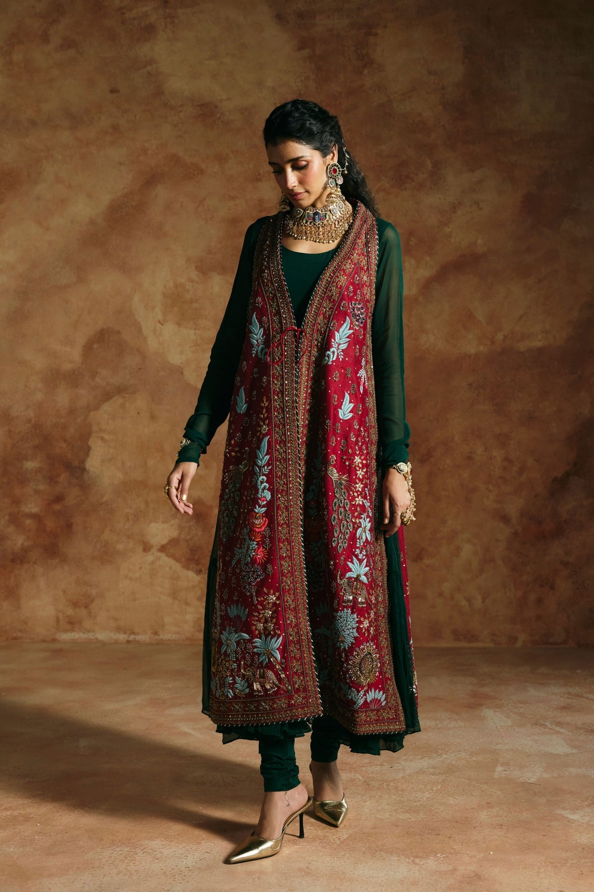 Red Sindh Zardozi Jacket Set