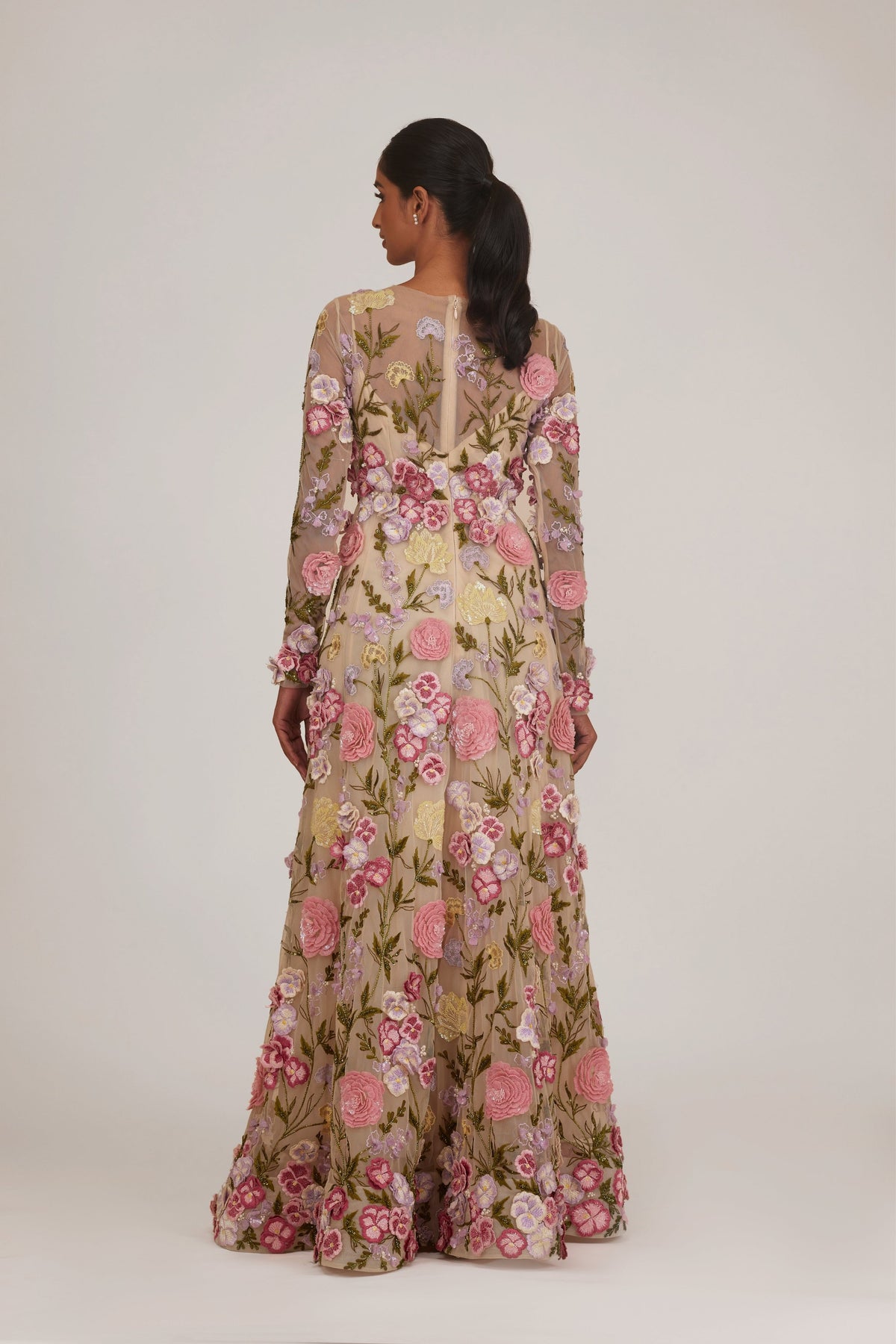 Full Sleeves 3d Floral Gown