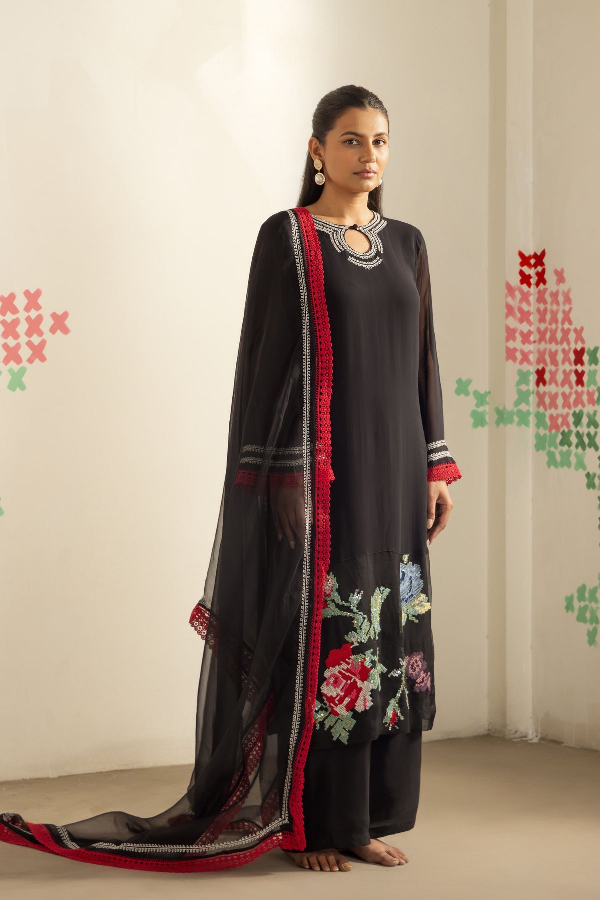 Black Flora Kurta Set