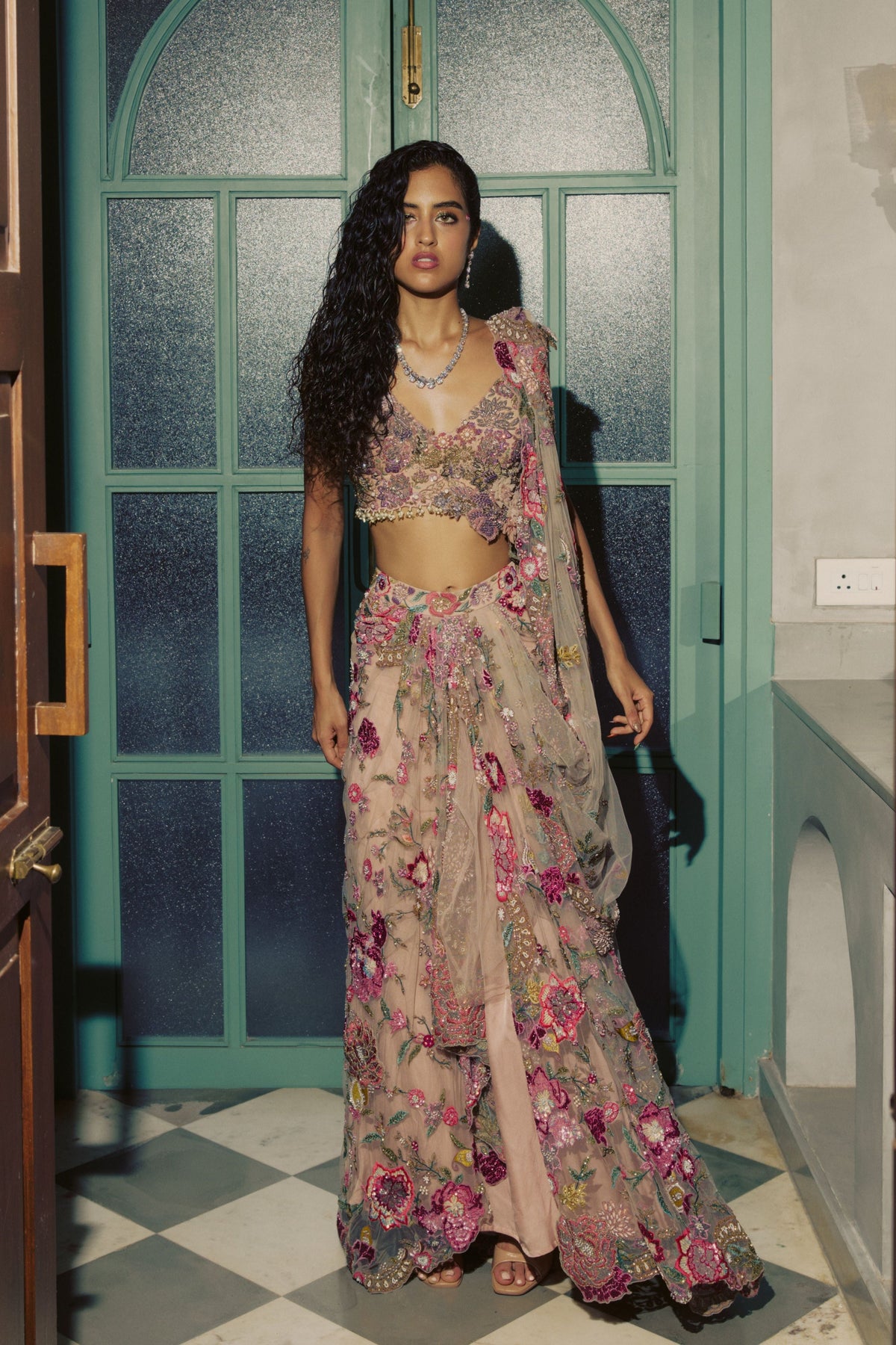 Peach Embroidered Saree Set