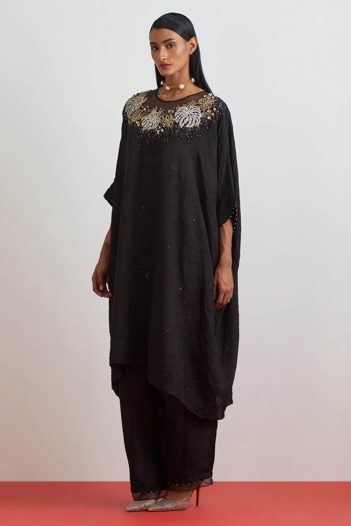 Black Floral Crystal Kaftan Set