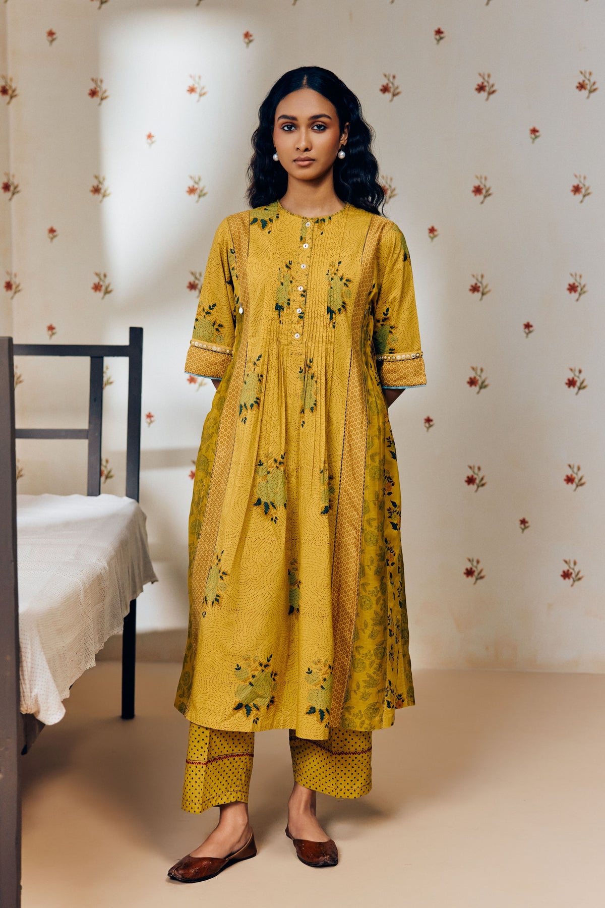 Mustard Rose Print Kurta Set