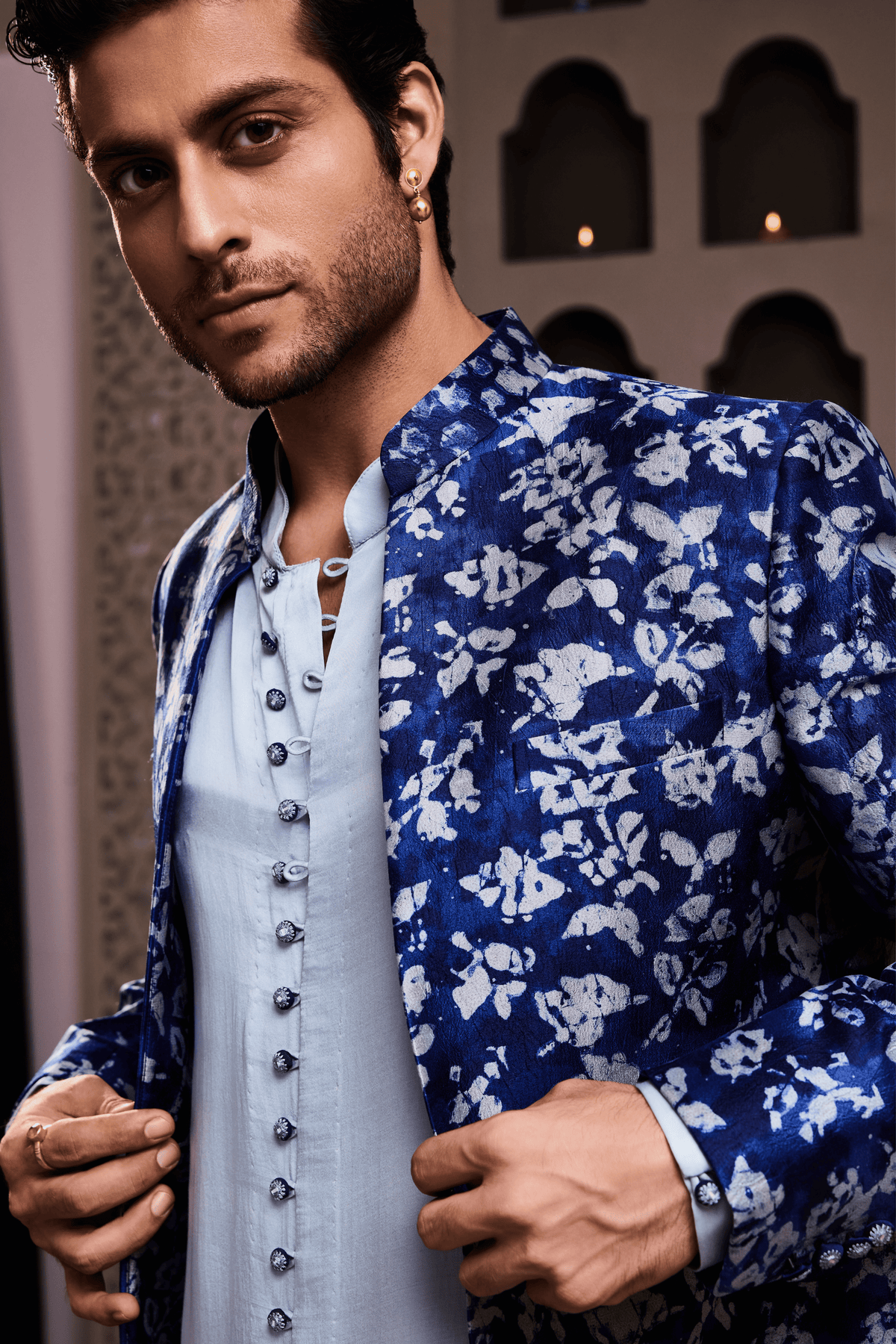 Indigo Printed Long Jacket Kurta Dhoti