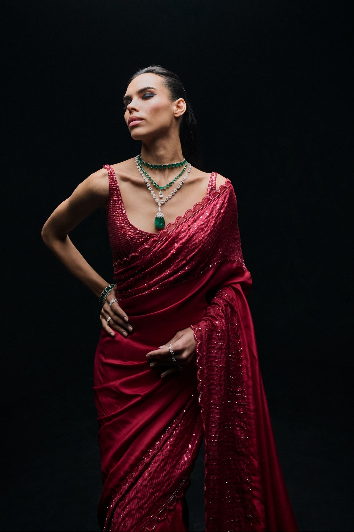 Red Dupin Silk Saree Set