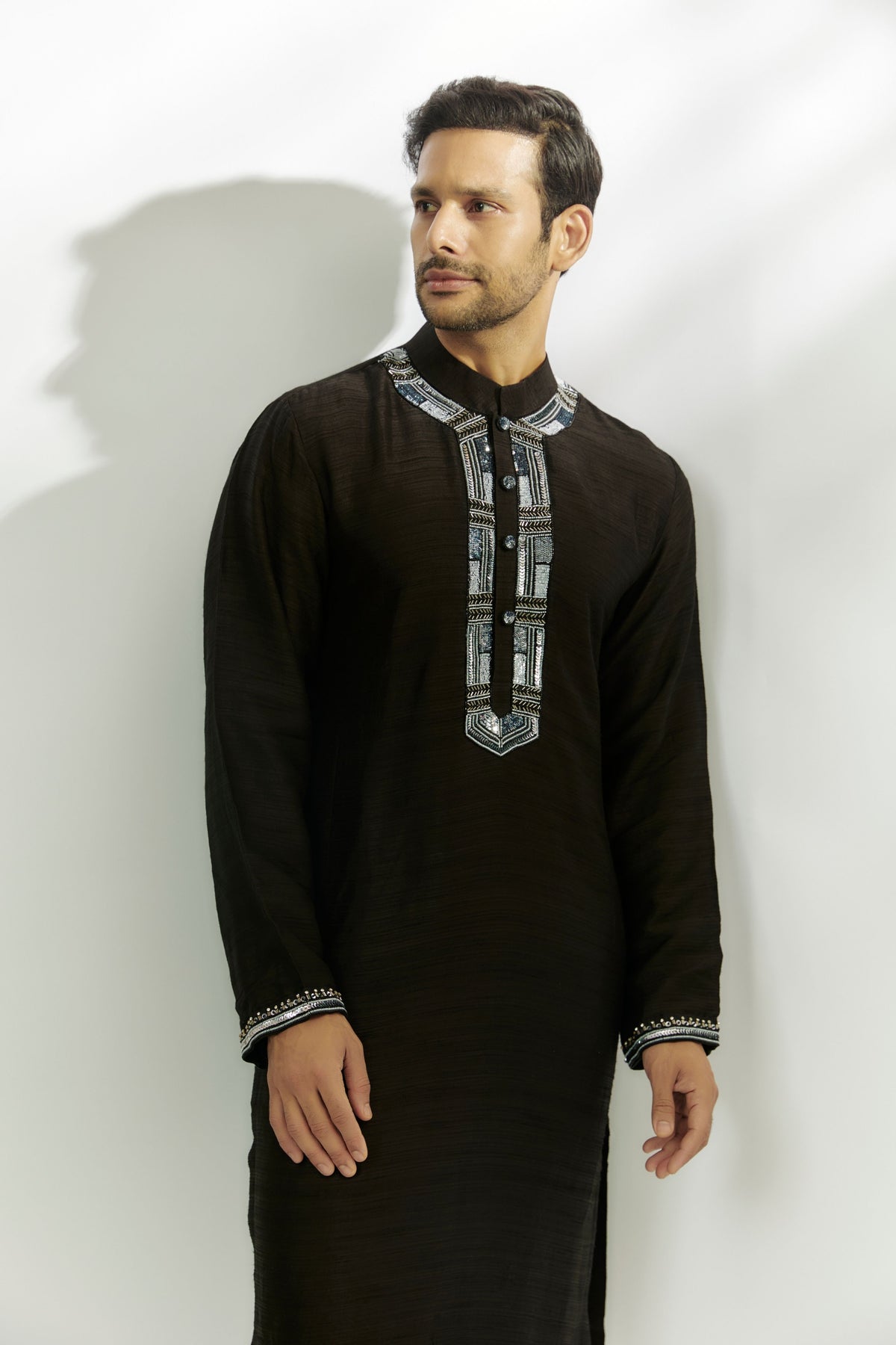 Black Viscose Matka Silk Embroiderd Kurta