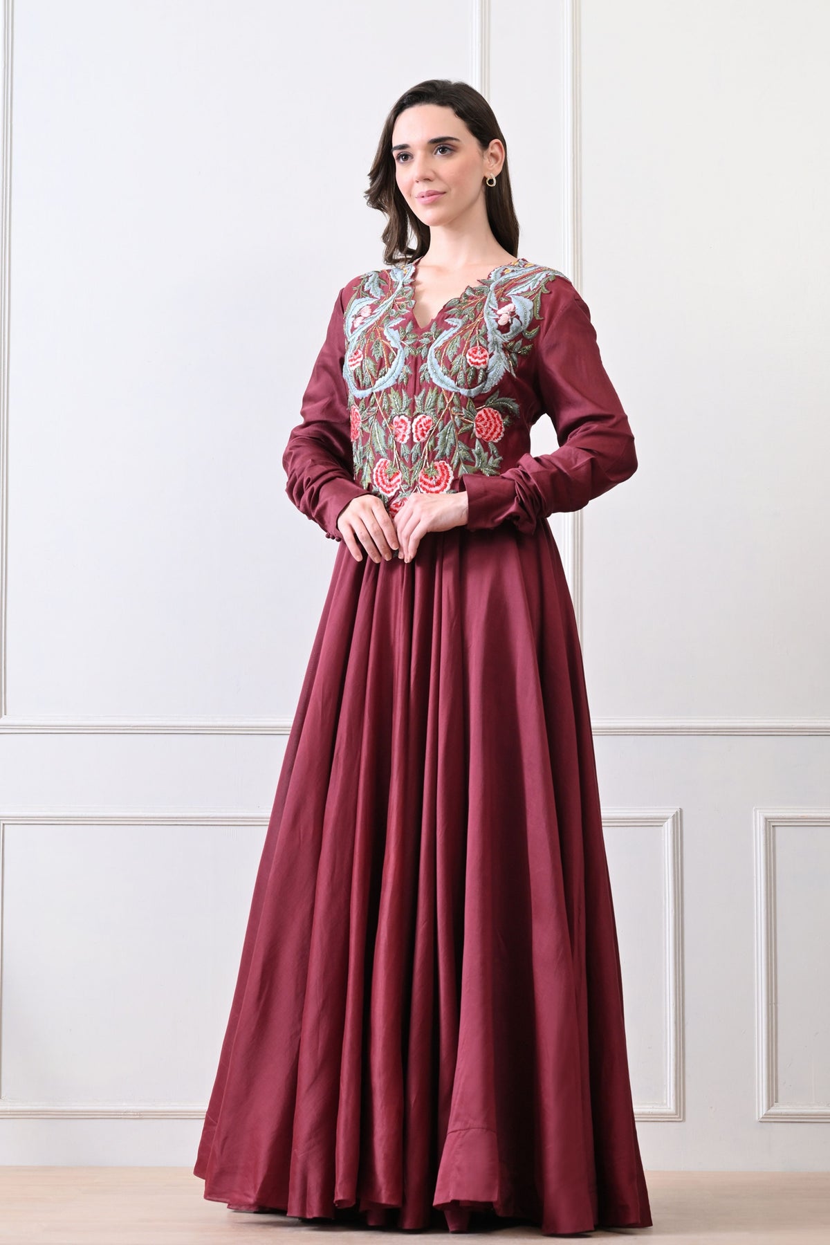 Maroon V-neck Embroidered Anarkali
